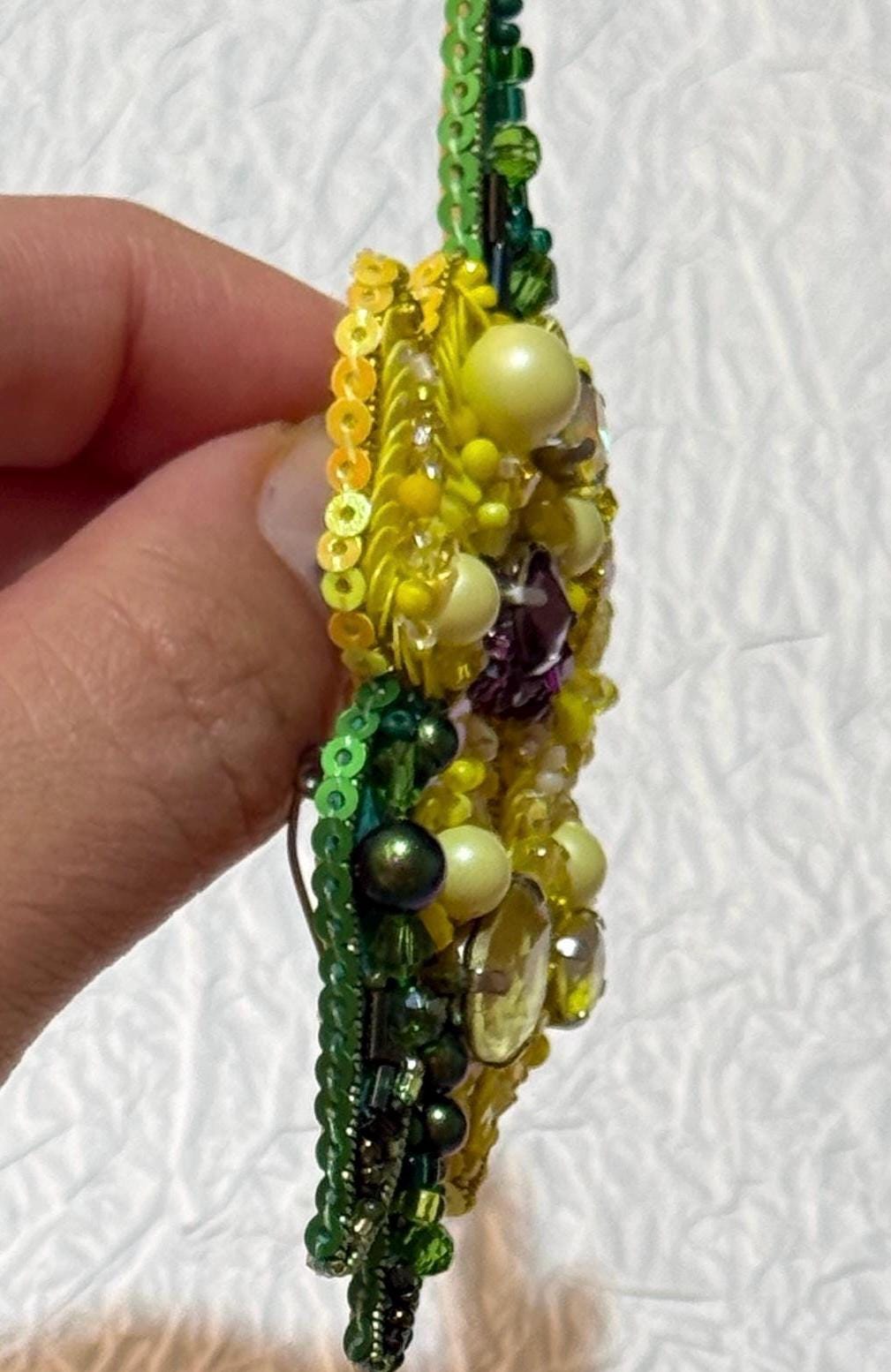 Handcrafted Beaded Iris Brooch: Yellow Floral Pin with Crystals