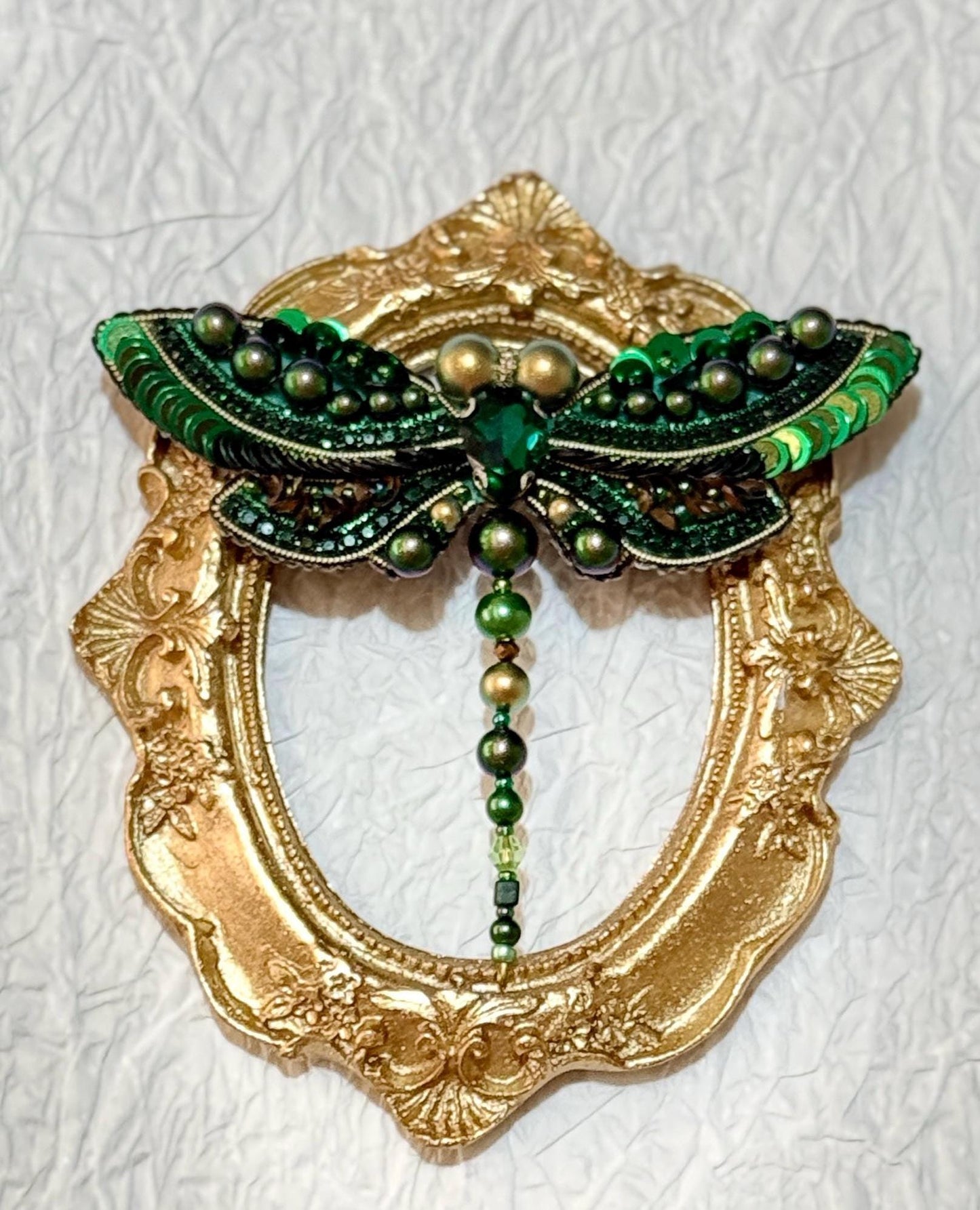Handmade Green Dragonfly Brooch: Beaded Crystal Insect Pin