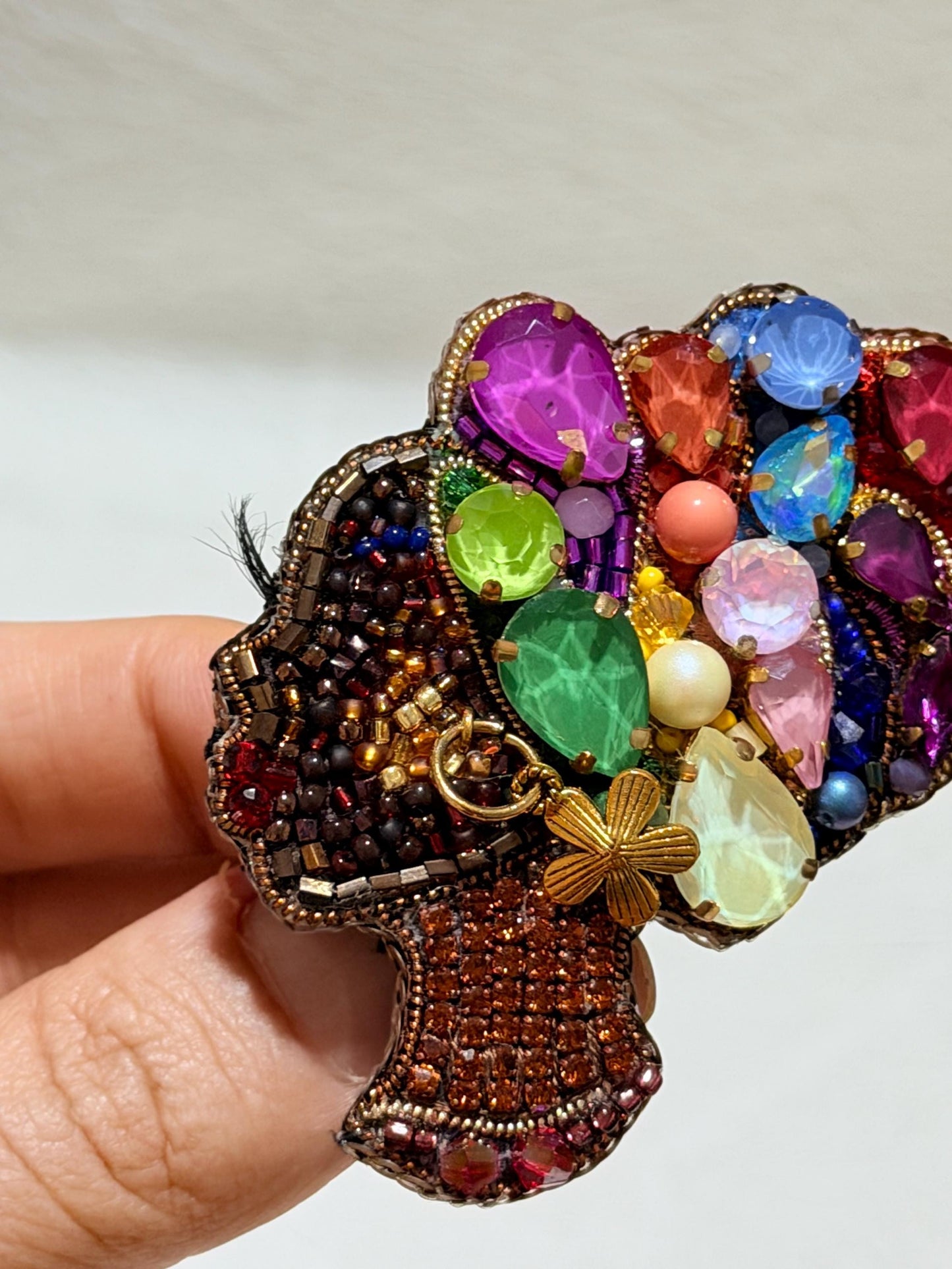 Handmade Beaded African Woman Brooch – Crystal Pearl Statement Pin