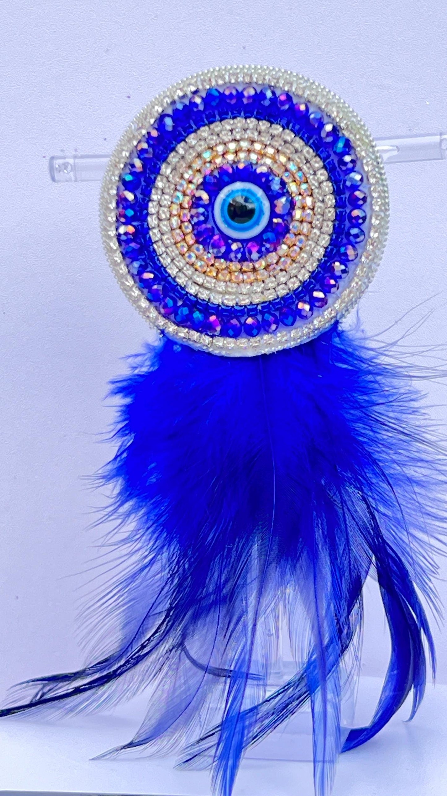 Handmade Evil Eye Feather Brooch – Protection Beaded Pin – Statement Jewelry Gift