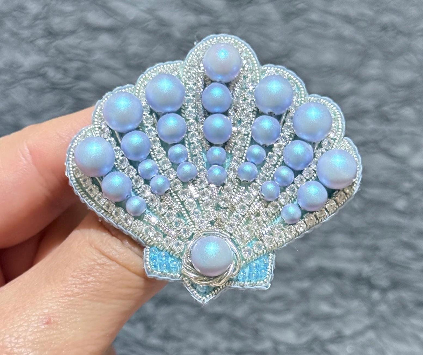 Handmade Beaded Shell Brooch: Blue Pearl Nautical Pin