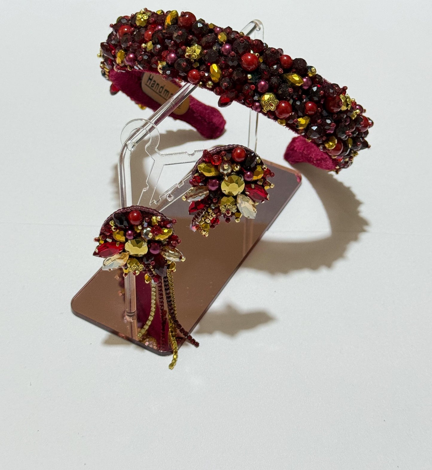 Handmade Red Crystal Headband and Earrings Set: Beaded Bridal Accessories