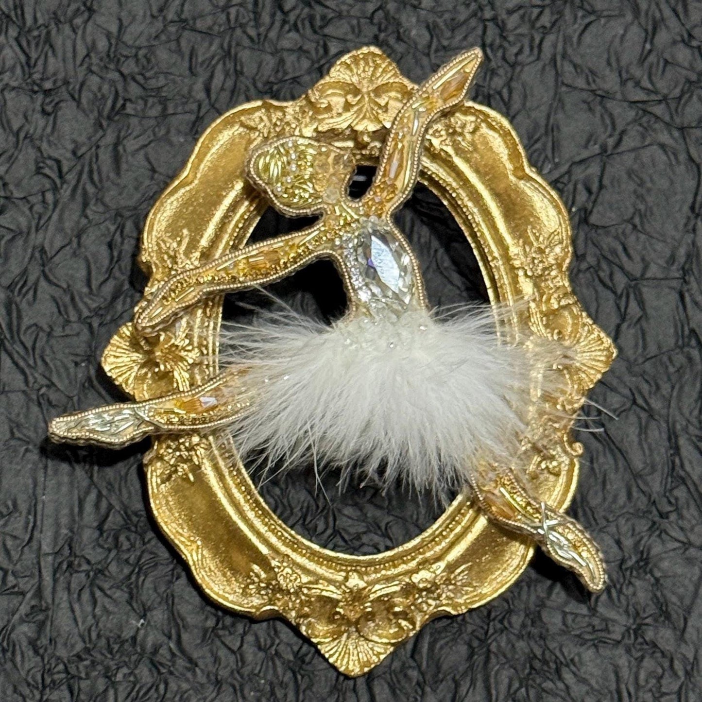 Handmade Beaded Ballerina Brooch: Gold Ballet Dancer Pin with Feather Tutu