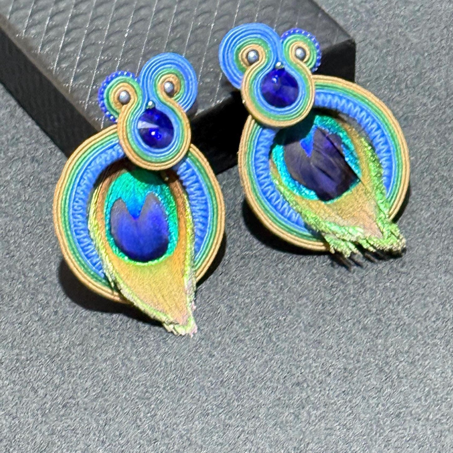 Handmade Peacock Feather Earrings: Soutache Bohemian Jewelry