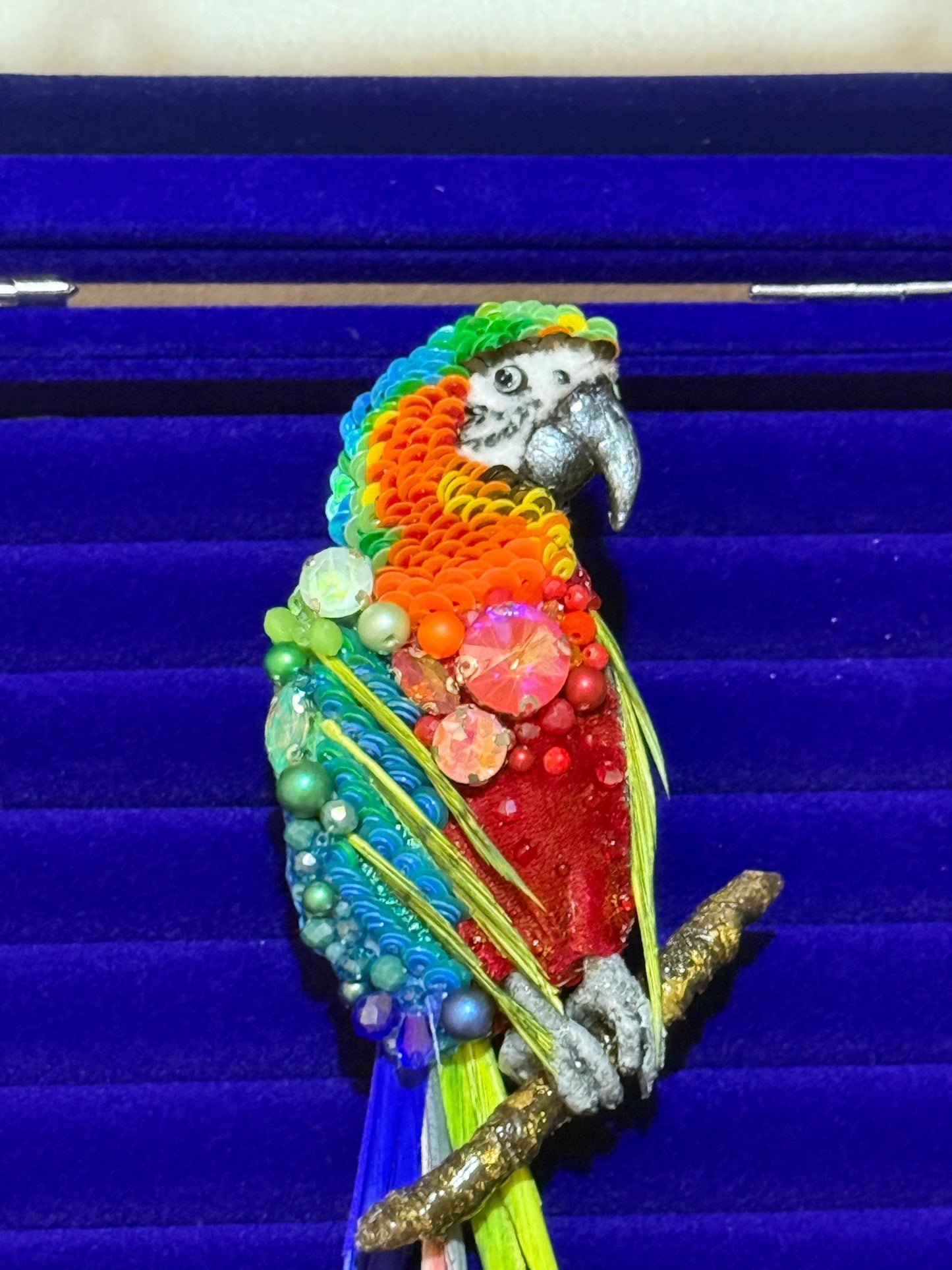 Handmade Beaded Parrot Brooch – Sequin & Crystal Bird Pin
