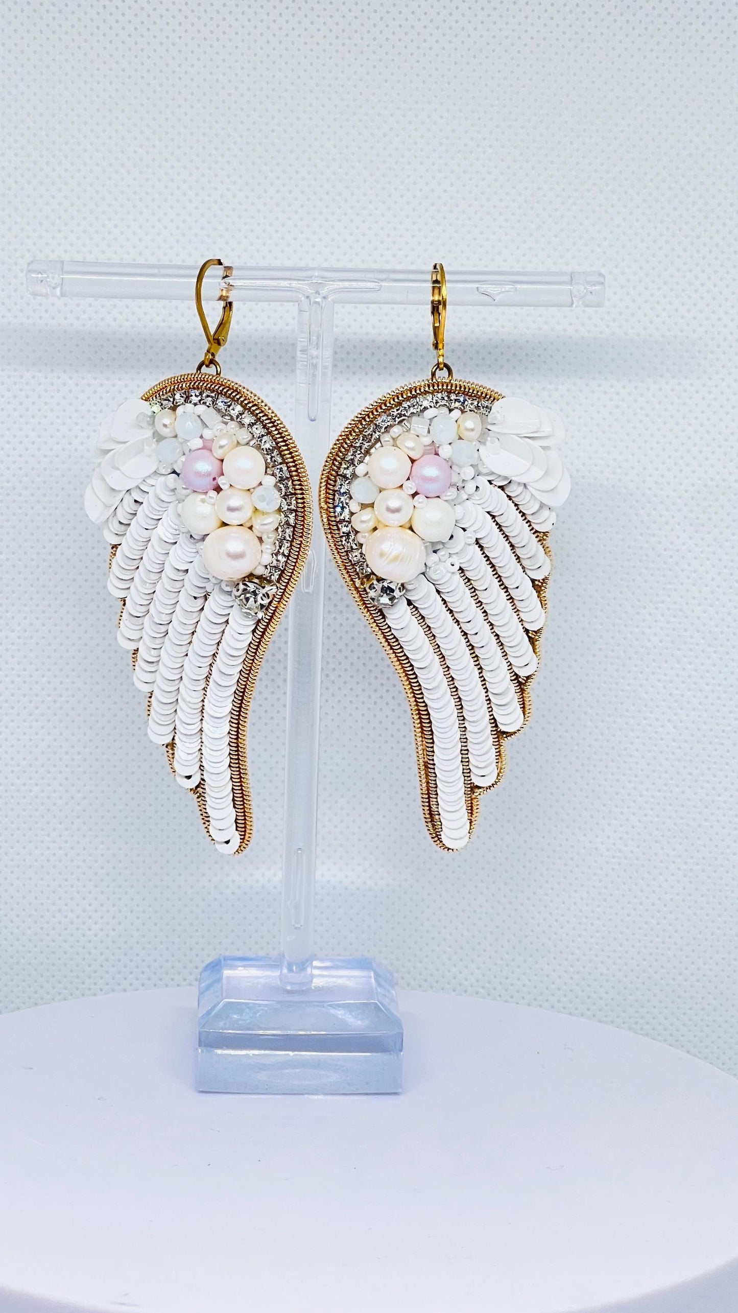 Handmade Angel Wing Earrings: Pearl, Crystal, and Sequin Statement Jewelry