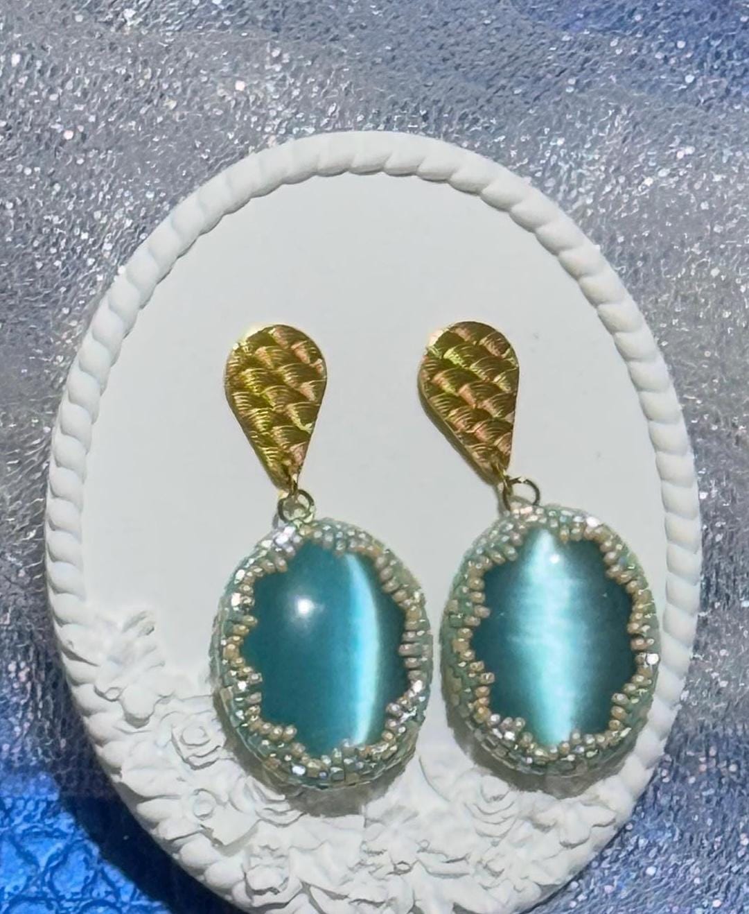Gold-Plated Blue Cat Eye Earrings | Handcrafted Beaded Jewelry
