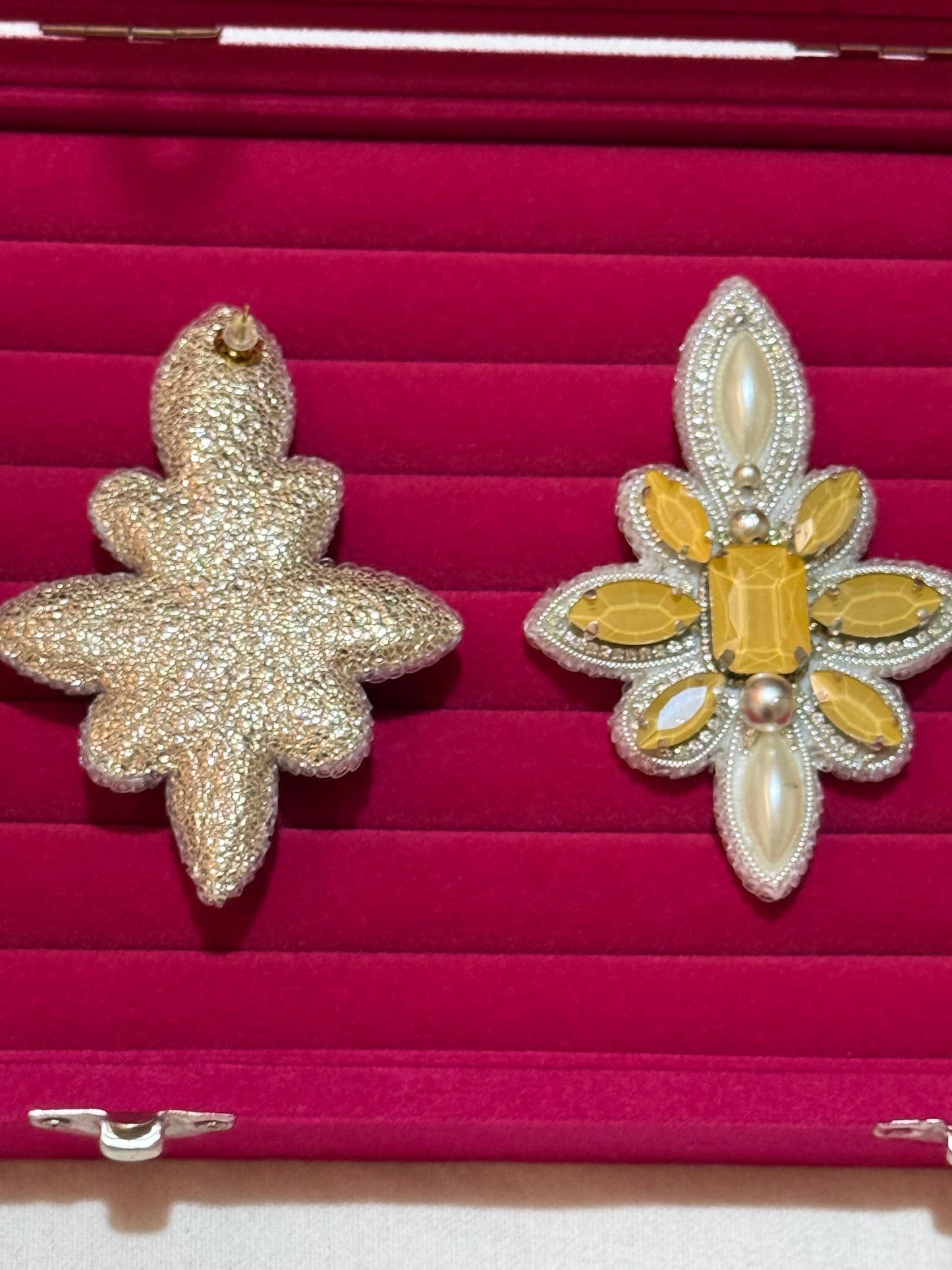 Handmade Beaded Flower Earrings, Yellow Gem Pearl Dangles