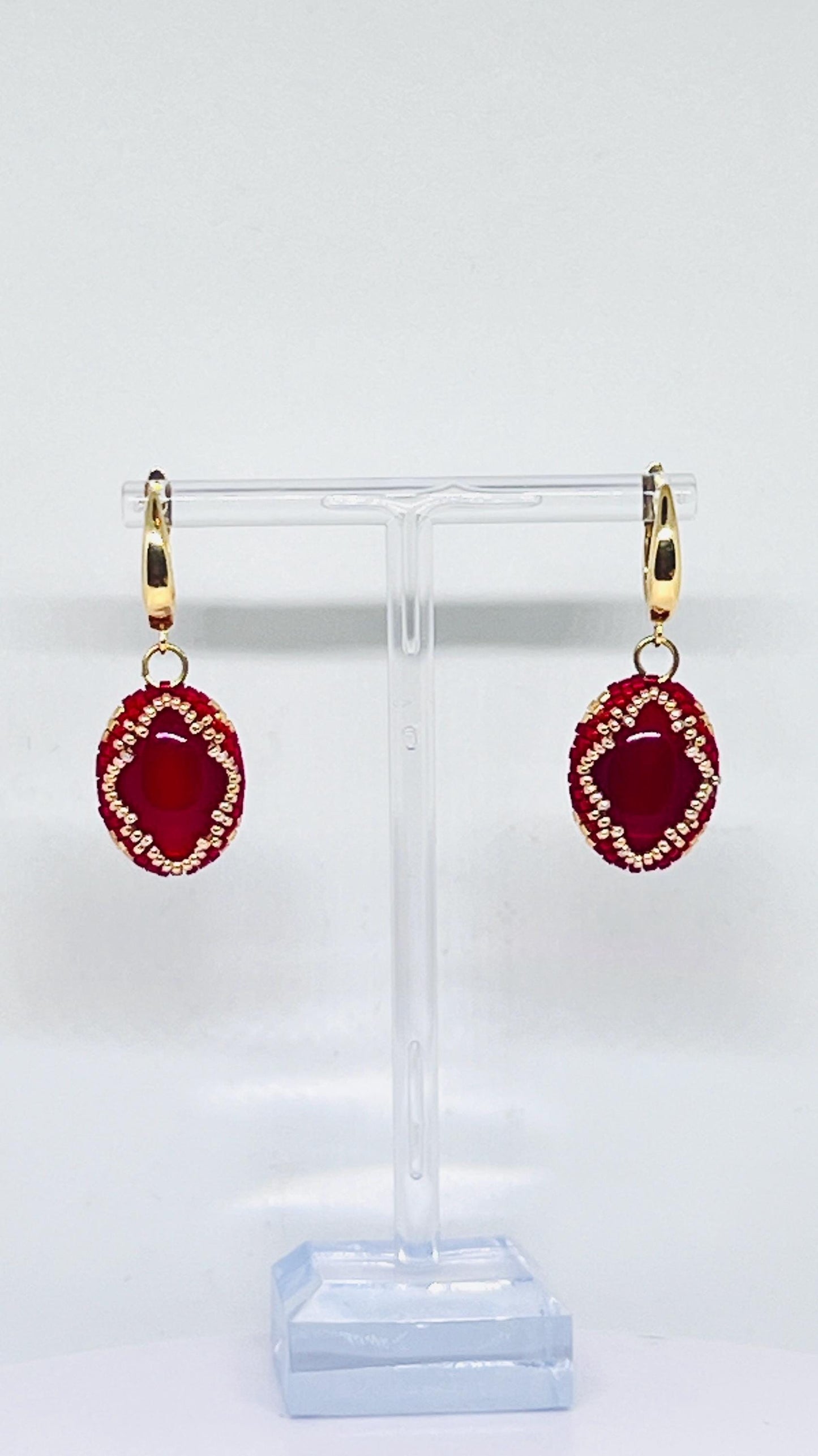 Elegant Red garnet Earrings with Gold Beaded Detail