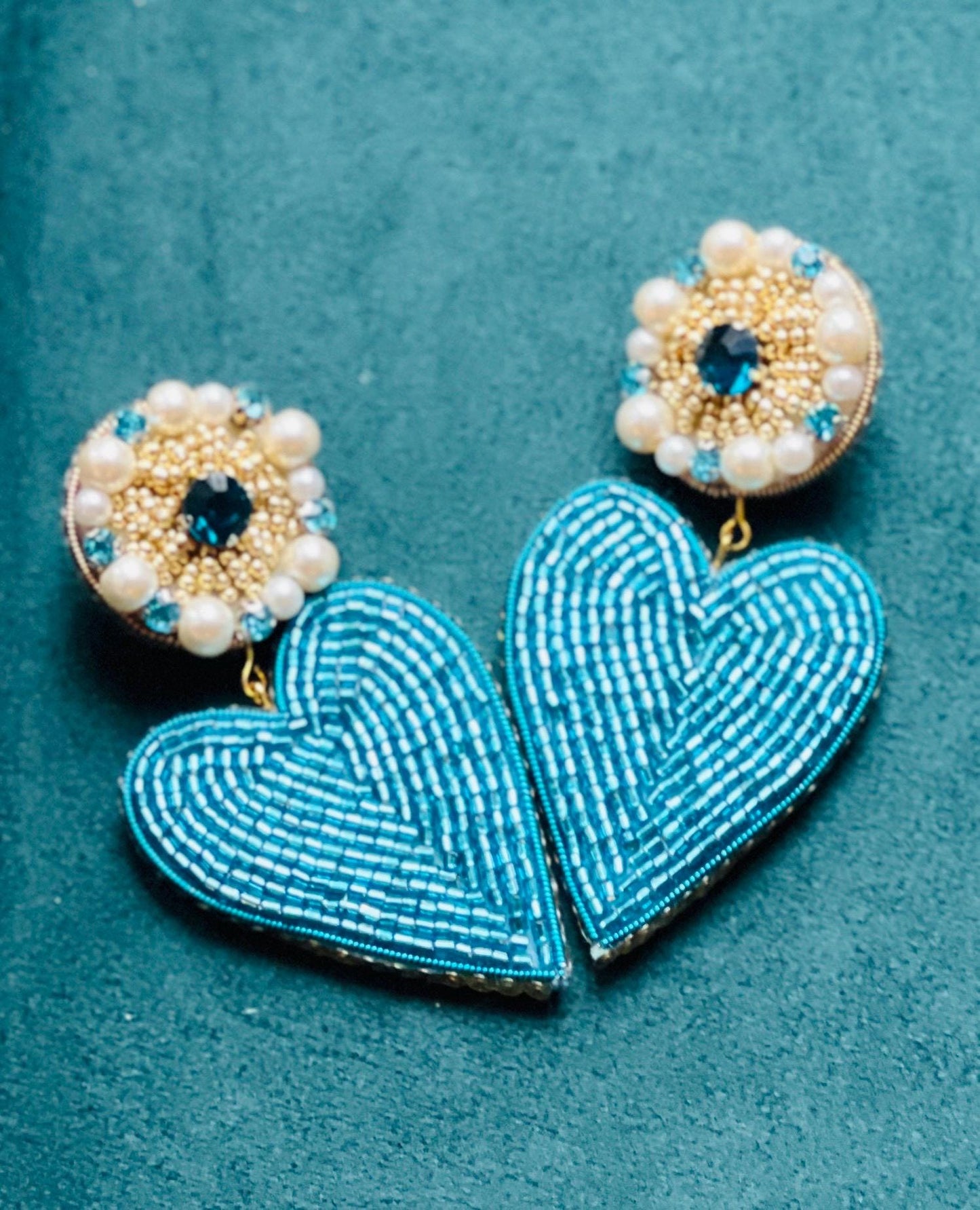 Handmade Blue Heart Earrings: Beaded Pearls & Crystals, Elegant Drop Earrings