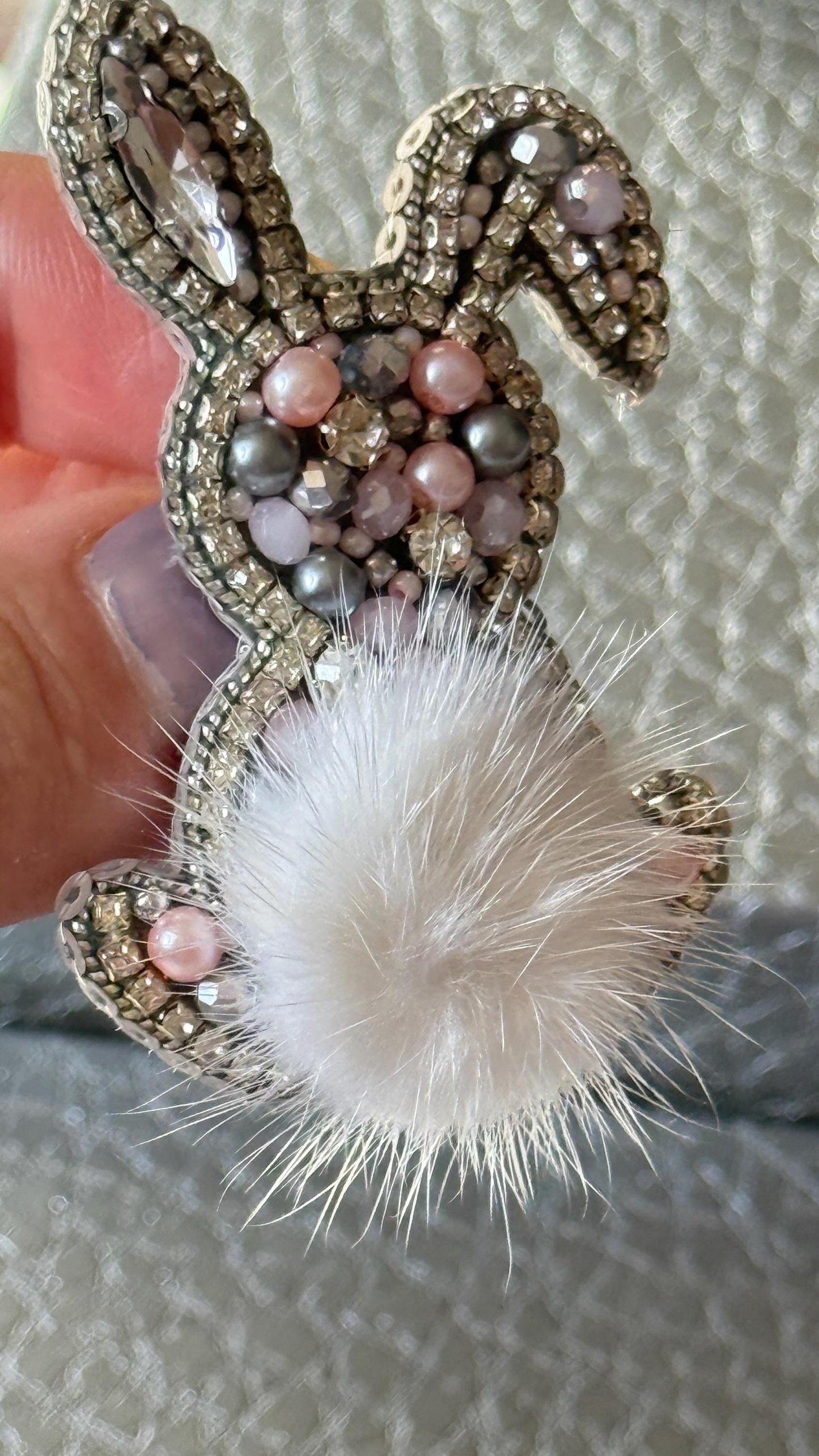 Handmade Beaded Bunny Brooch: Faux Fur Tail, Easter Pin