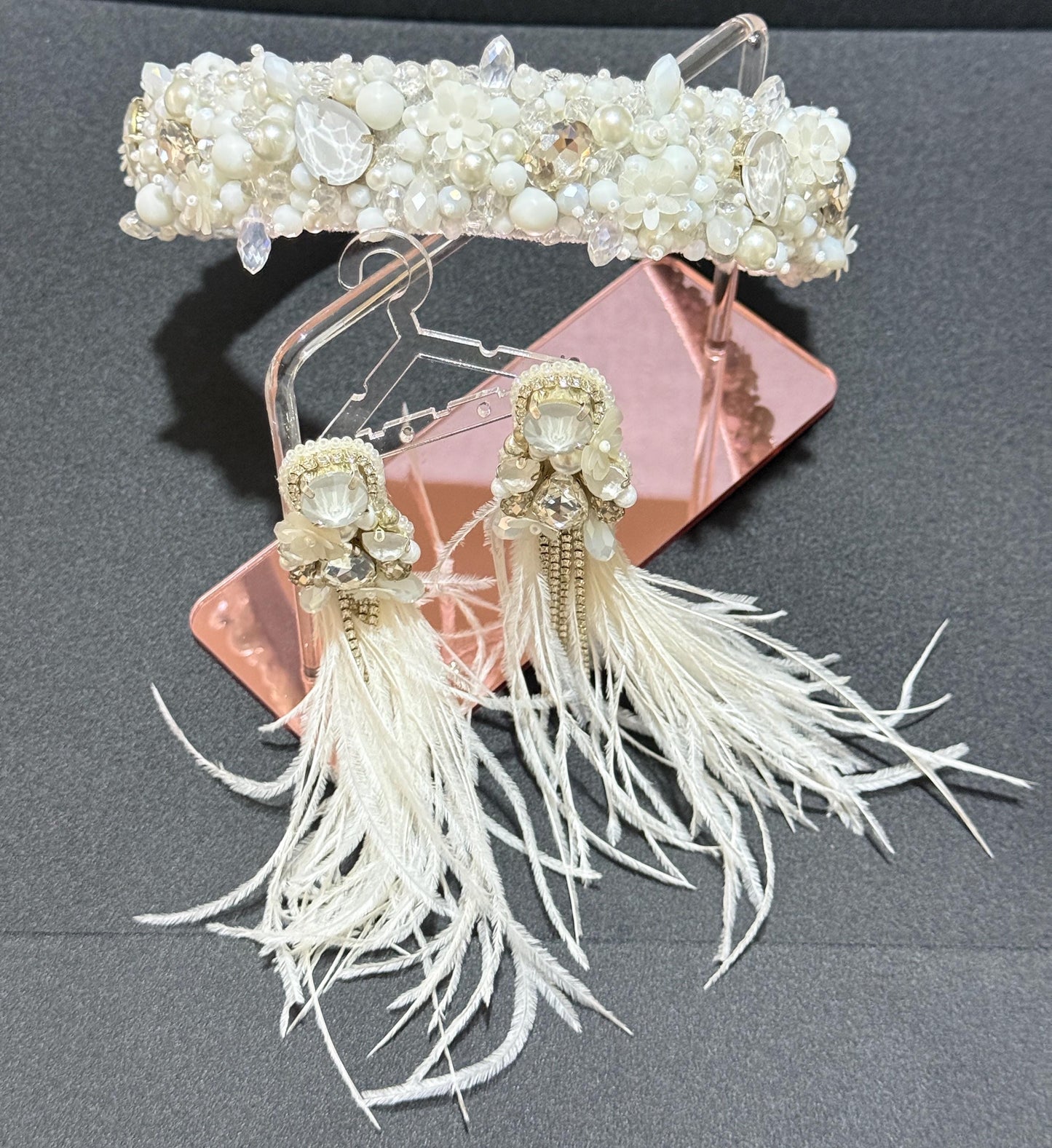 Handmade Bridal Headband and Earrings Set: Pearls, Crystals, Feathers