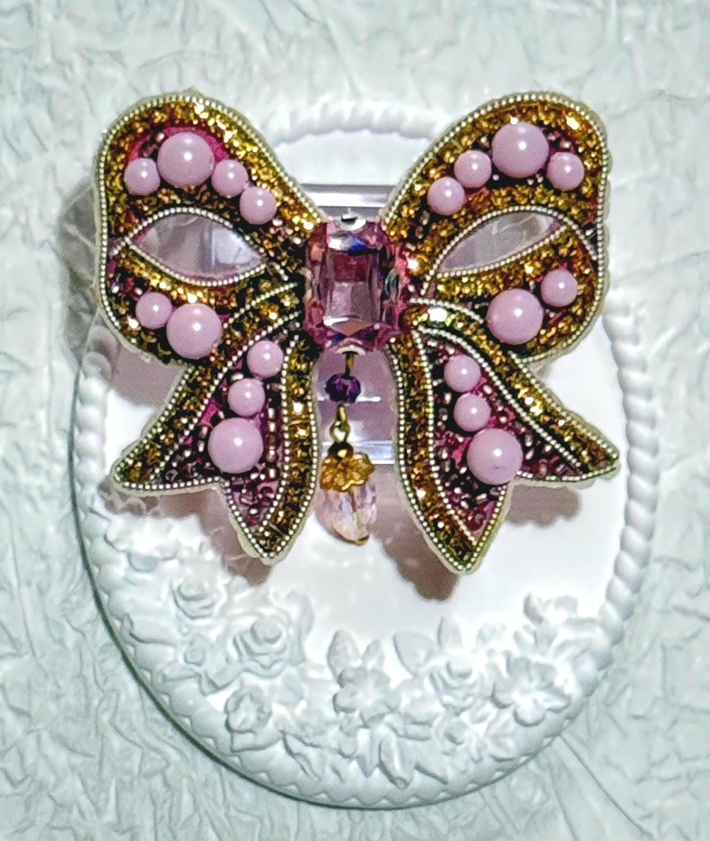 Handmade Pink Bow Brooch: Beaded Crystals & Pearls, Statement Jewelry