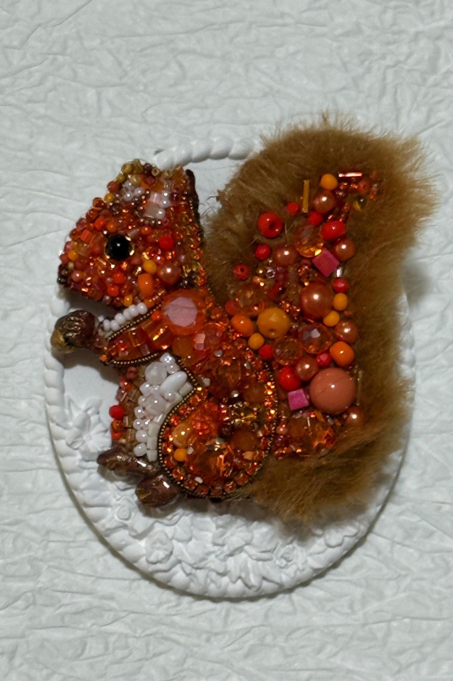 Handmade Beaded Squirrel Brooch: Faux Fur Woodland Pin