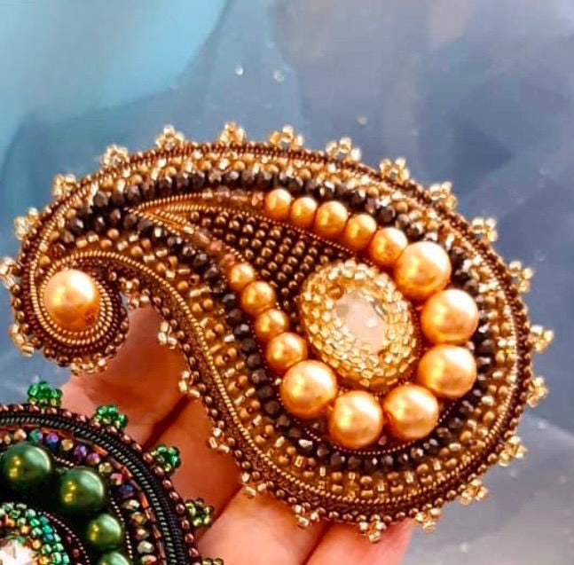 Beaded Paisley Brooch Pin: Crystal Pearl Bohemian Lapel Accessory