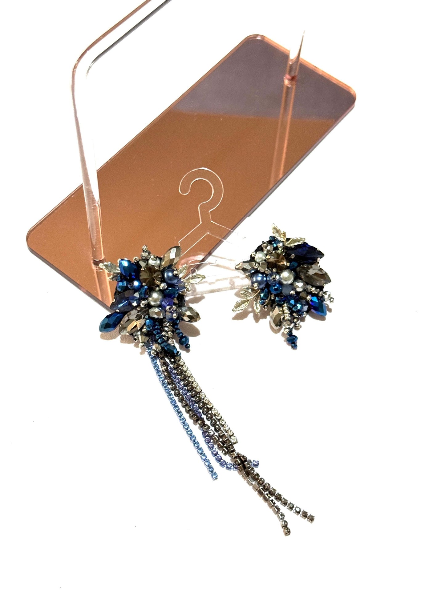 Handmade Blue Beaded Headband with Crystal Dangle Earrings