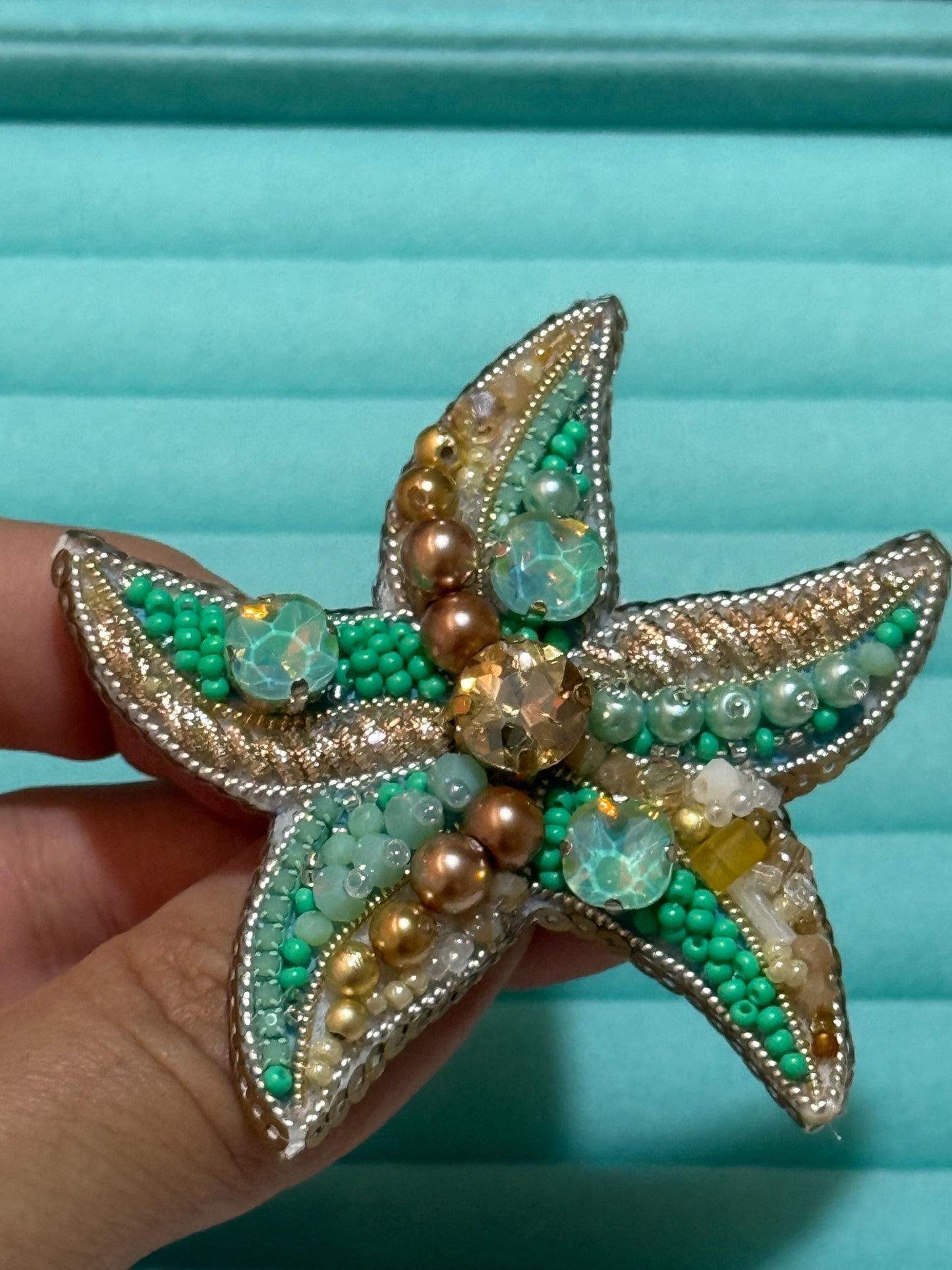 Handmade Starfish Brooch Beaded Pin in Turquoise Gold | Ocean-Inspired Jewellery | Summer Beach Gift | Coastal Fashion Accessory