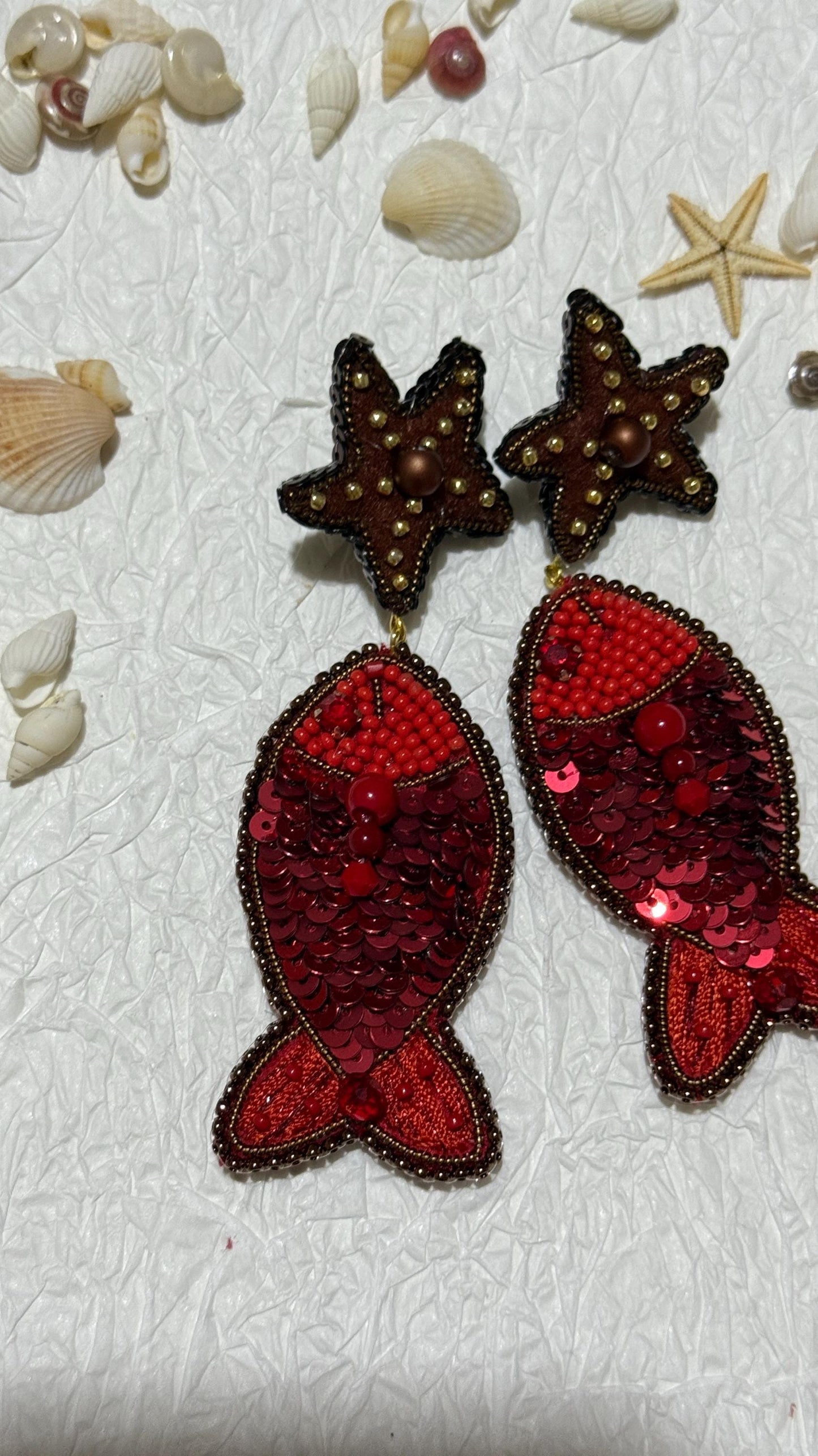 Handmade Beaded Fish Earrings: Red Sequin Starfish Dangle Jewelry