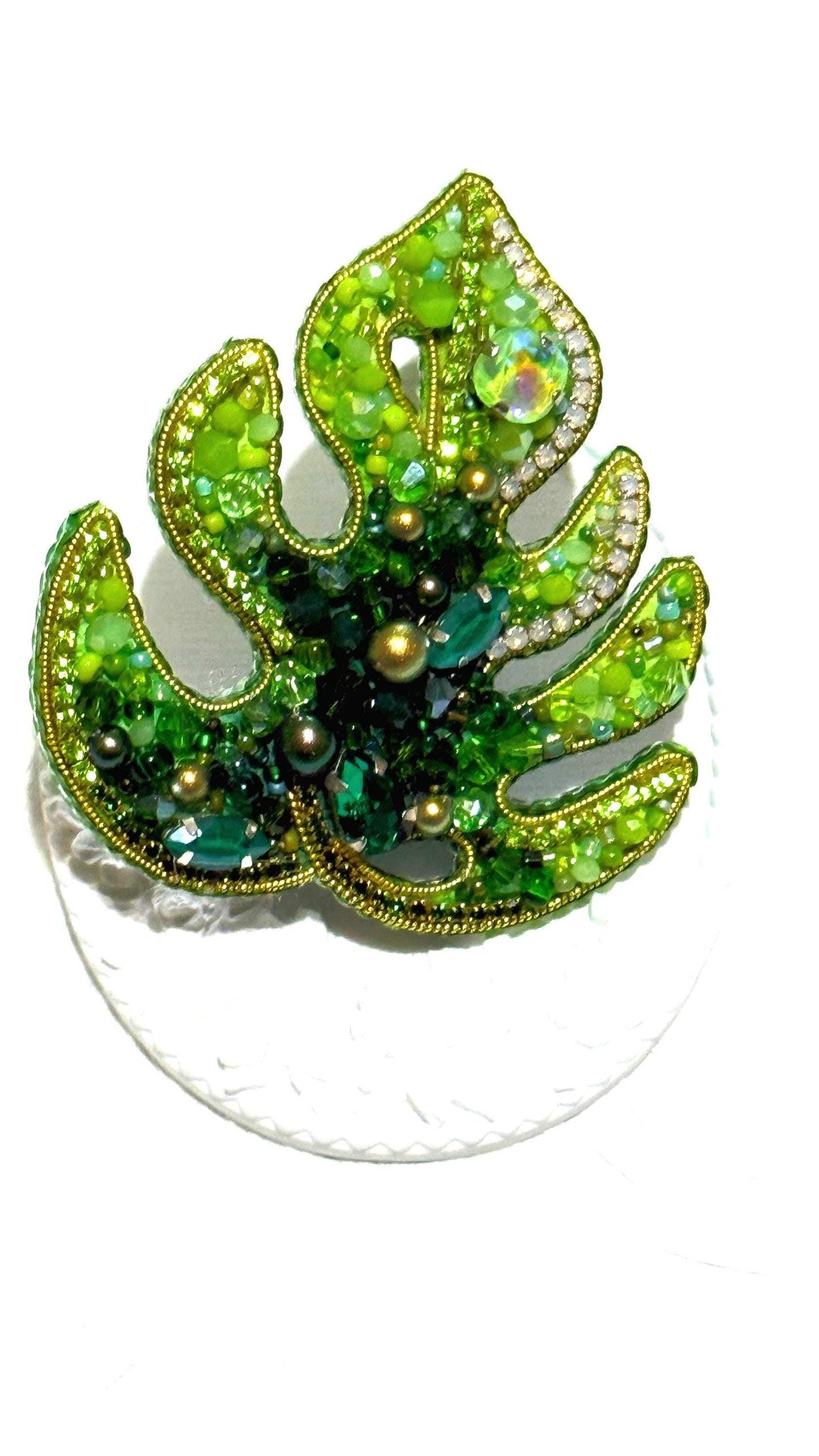 Handmade Green Leaf Brooch: Beaded Crystal Jungle Plant Pin