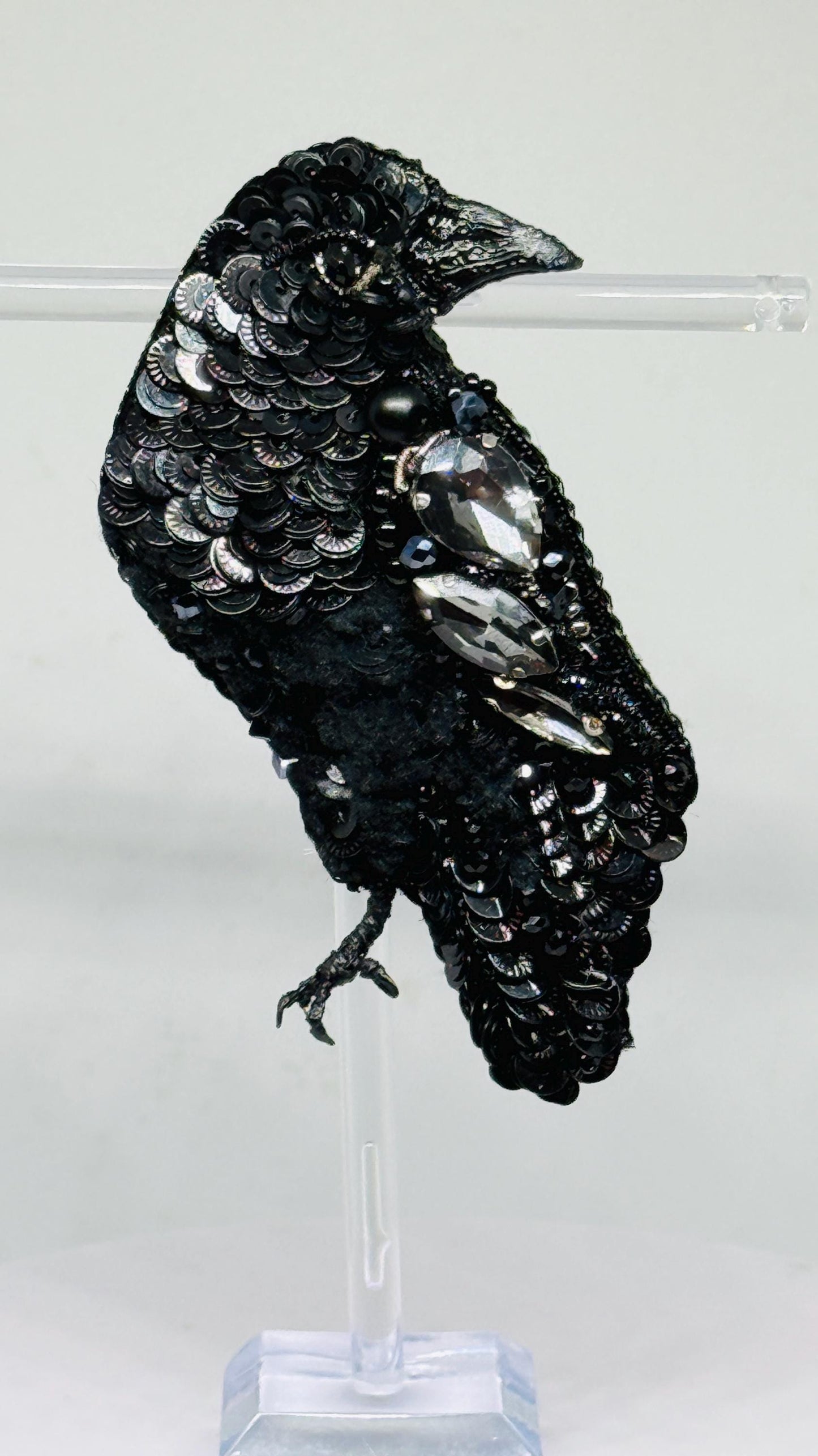 Handmade Beaded Raven Brooch – Gothic Sequined Bird Pin