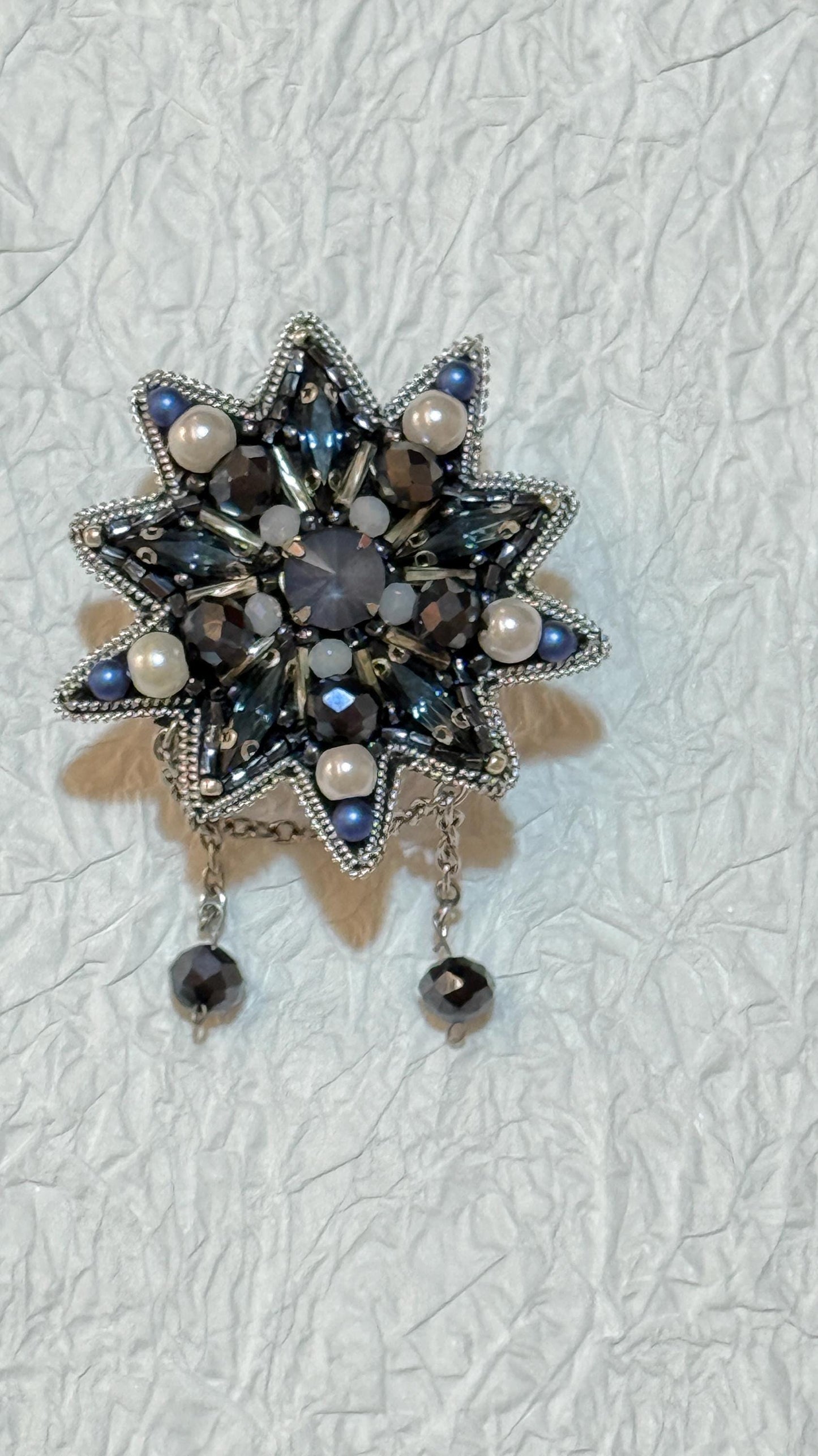 Handmade Blue Star Brooch: Crystal & Pearl Beaded Statement Jewelry
