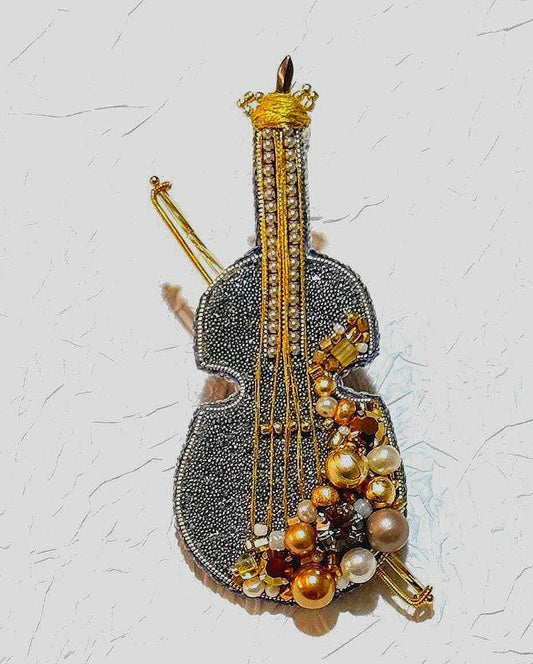Handmade Silver Violin Brooch: Beaded Music Lover Pin
