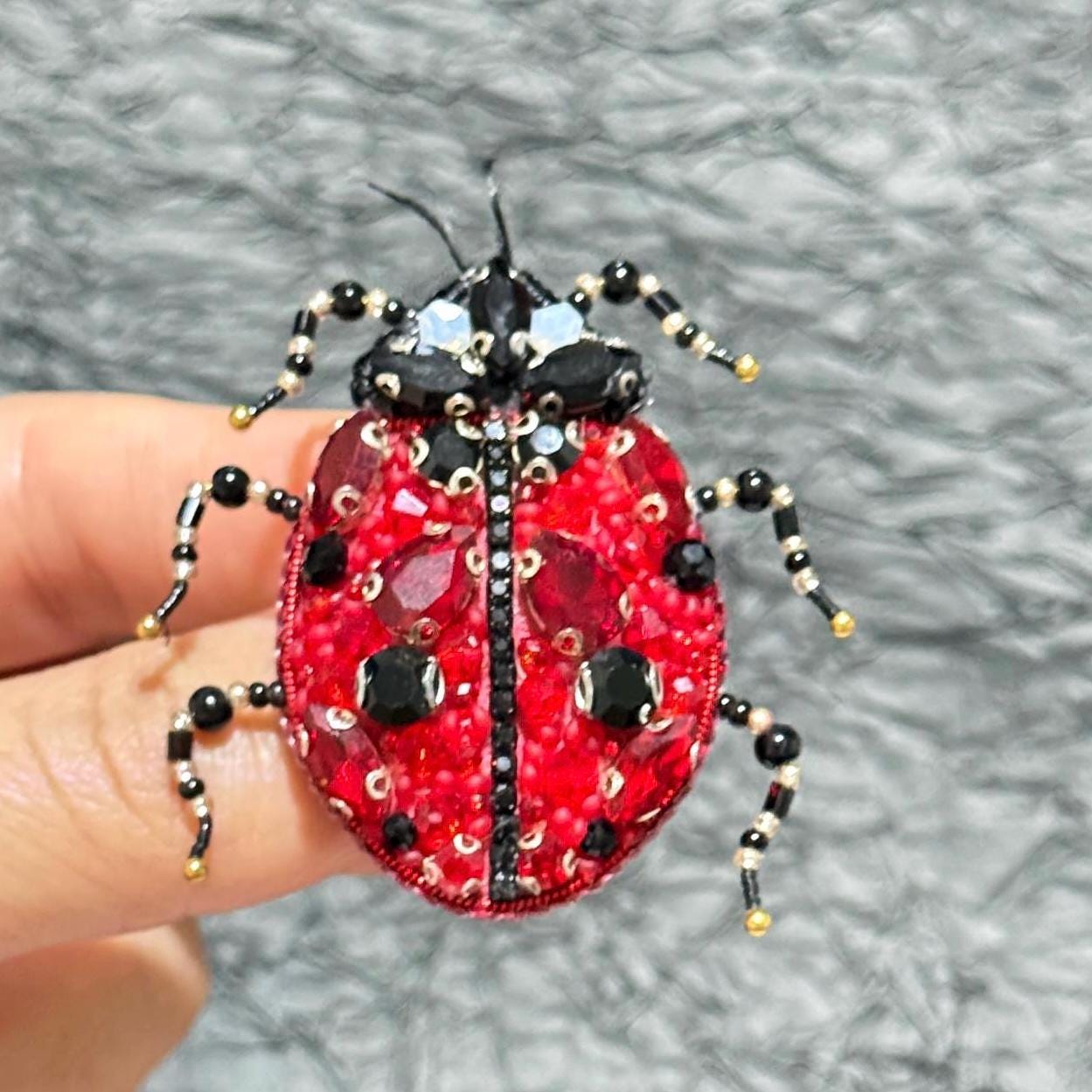 Handmade Ladybug Brooch: Beaded Red Crystal Insect Pin