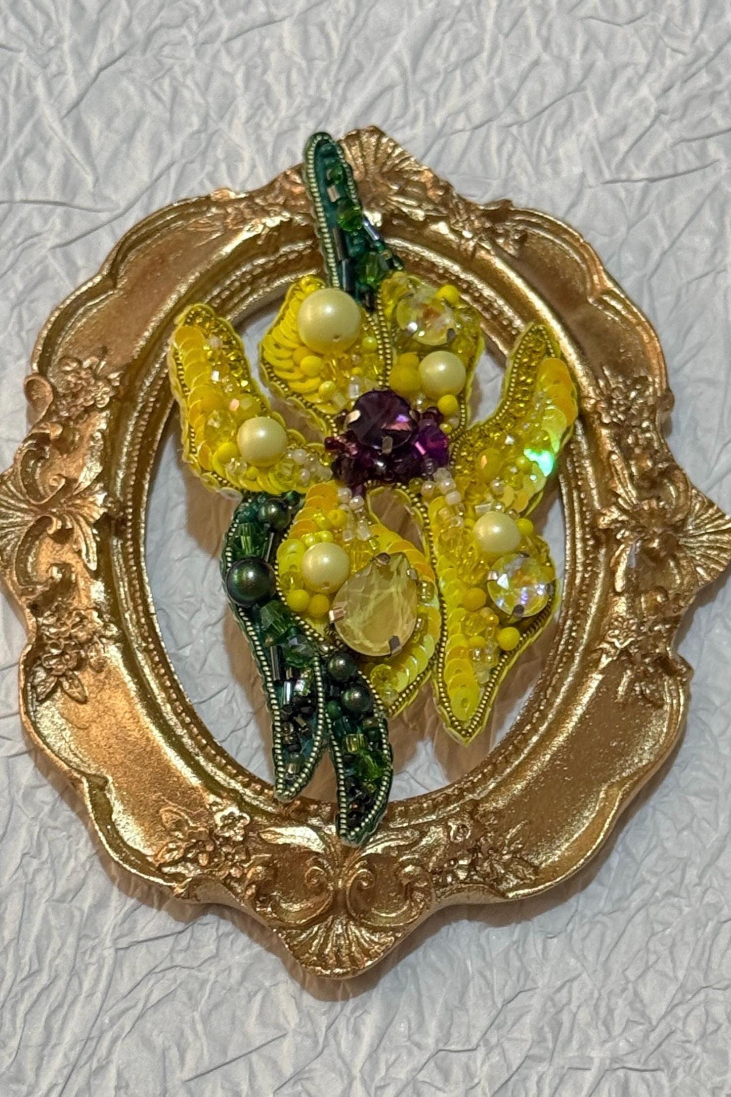 Handcrafted Beaded Iris Brooch: Yellow Floral Pin with Crystals