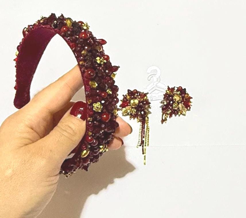 Handmade Red Crystal Headband and Earrings Set: Beaded Bridal Accessories