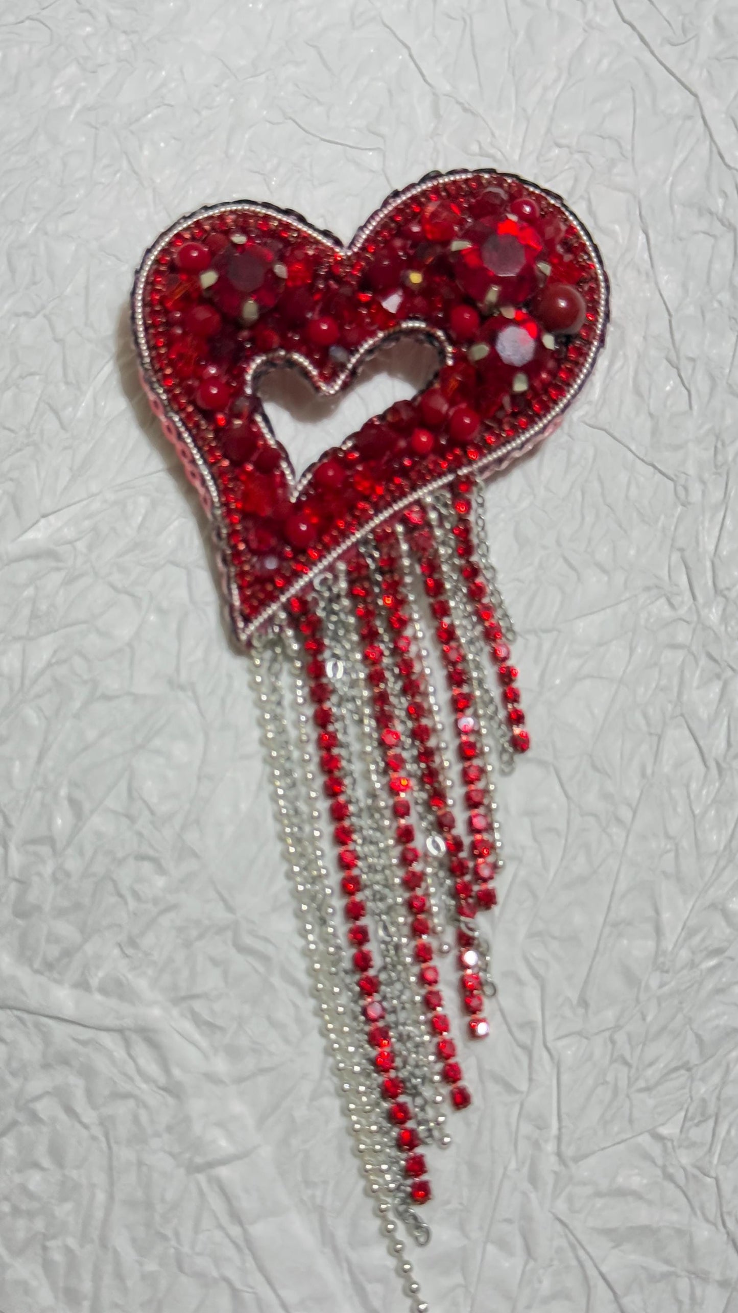 Handmade Beaded Heart Brooch: Red Rhinestone Pin with Dangling Chains
