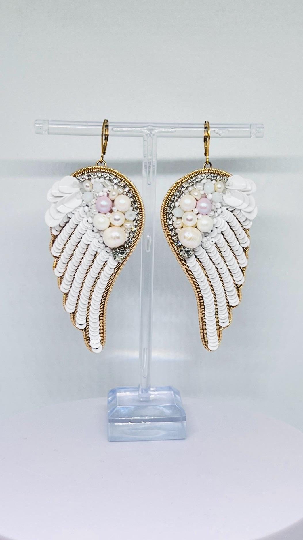 Handmade Angel Wing Earrings: Pearl, Crystal, and Sequin Statement Jewelry