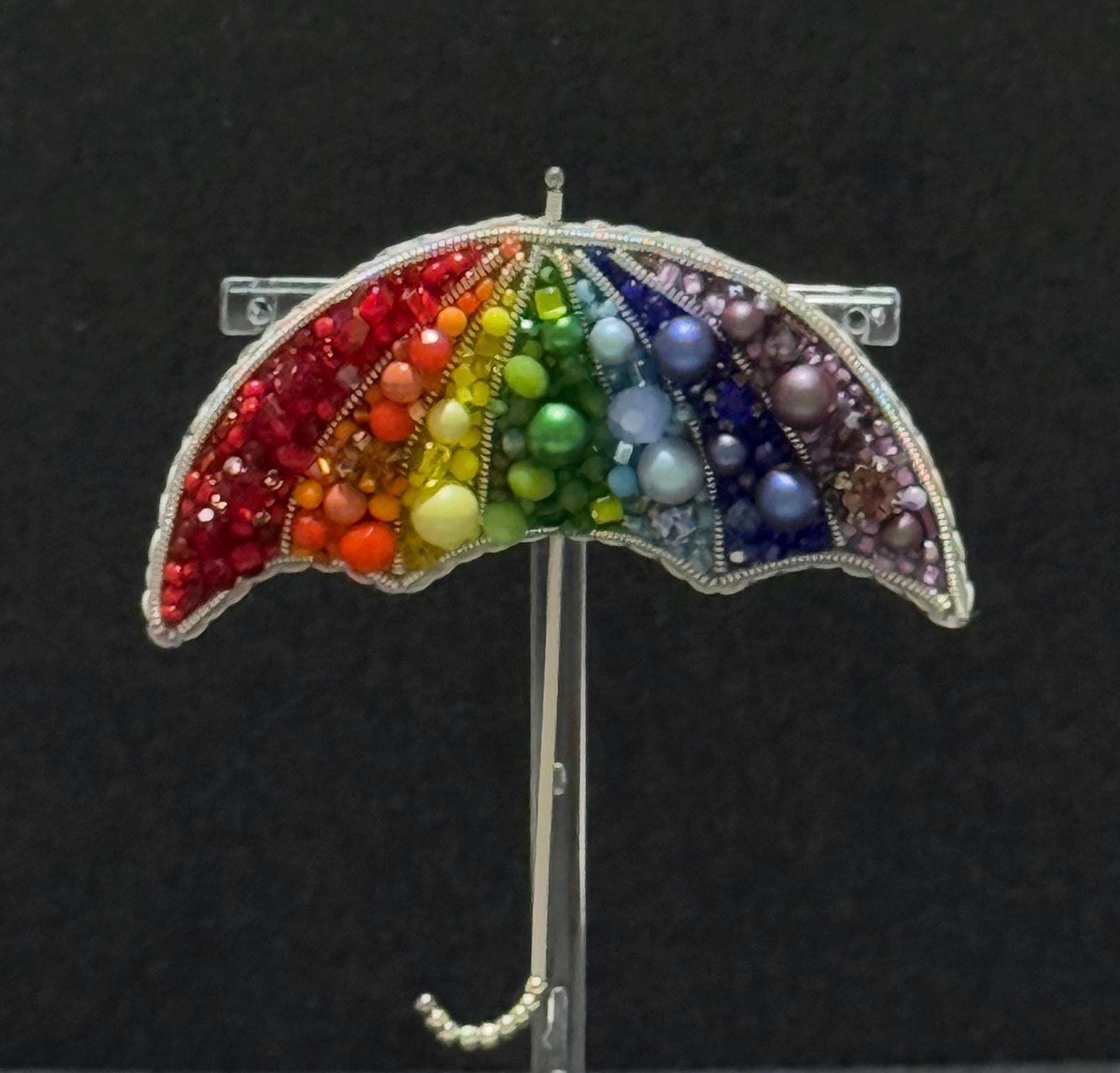 Handmade Rainbow Umbrella Brooch: Beaded Pride Pin