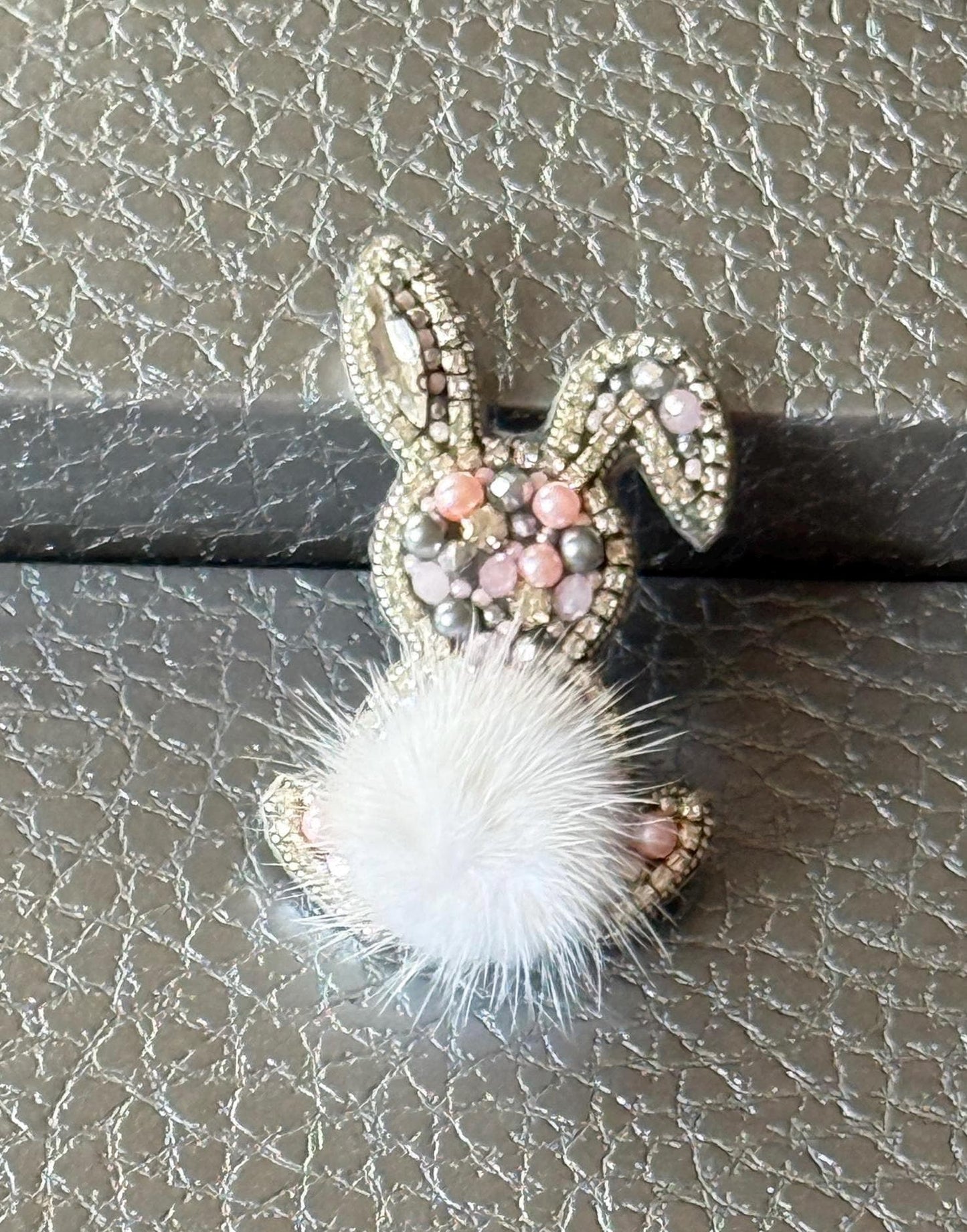 Handmade Beaded Bunny Brooch: Faux Fur Tail, Easter Pin