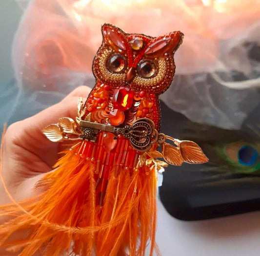 Handcrafted Beaded Owl Brooch: Orange Feathers, Embroidered Key Pin