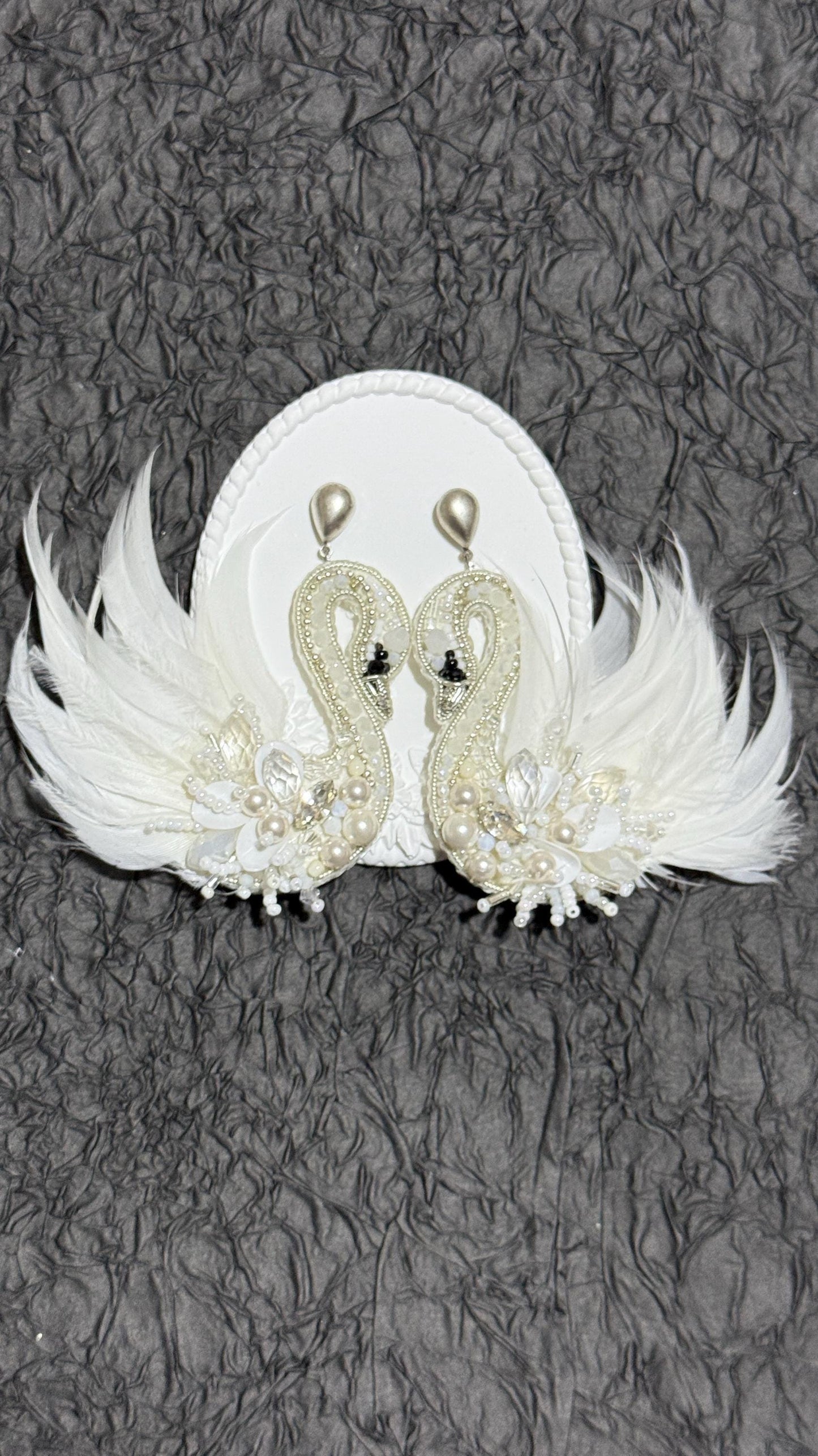 Handmade Swan Dangle Earrings: Pearl Feather Bridal Jewelry