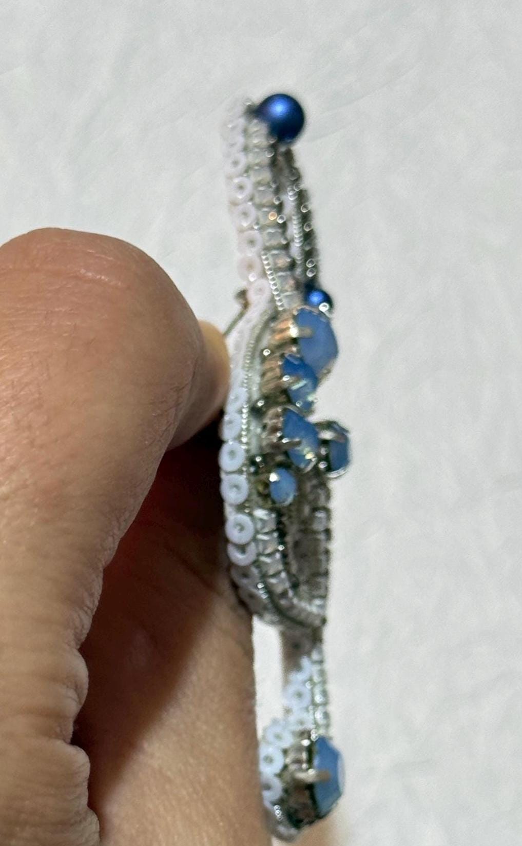 Handmade Beaded Treble Clef Brooch: Blue Silver Music Jewelry