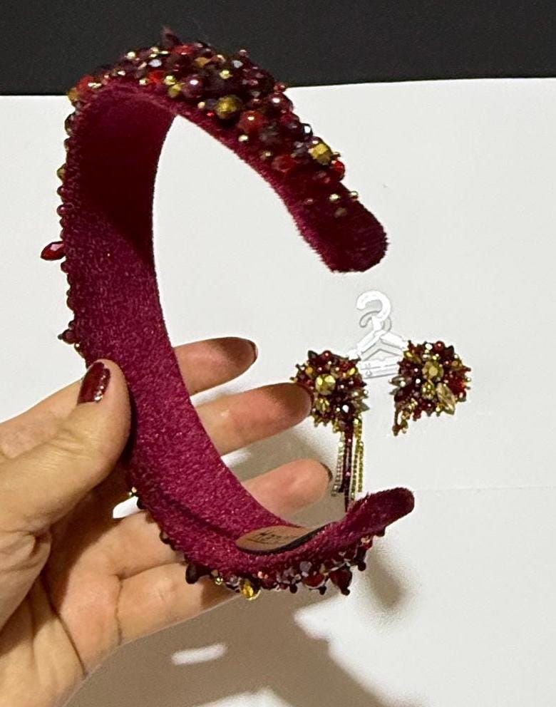 Handmade Red Crystal Headband and Earrings Set: Beaded Bridal Accessories