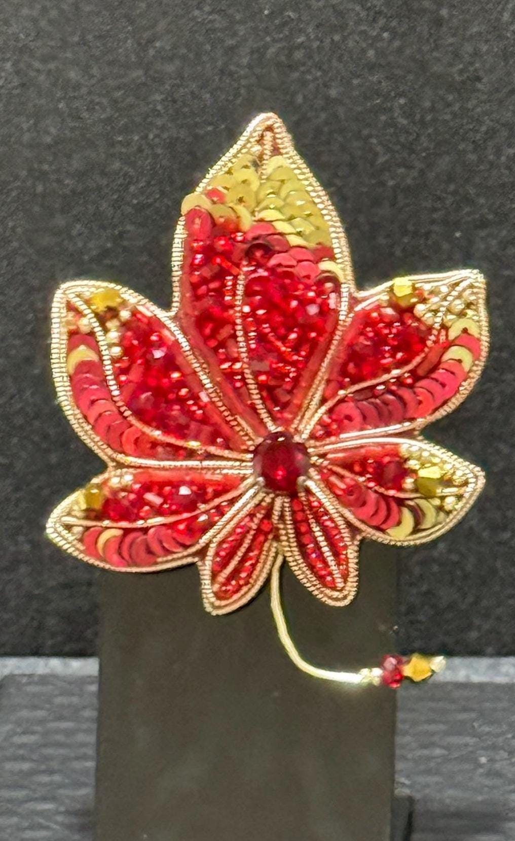 Handmade Beaded Maple Leaf Brooch: Red Crystal Autumn Pin