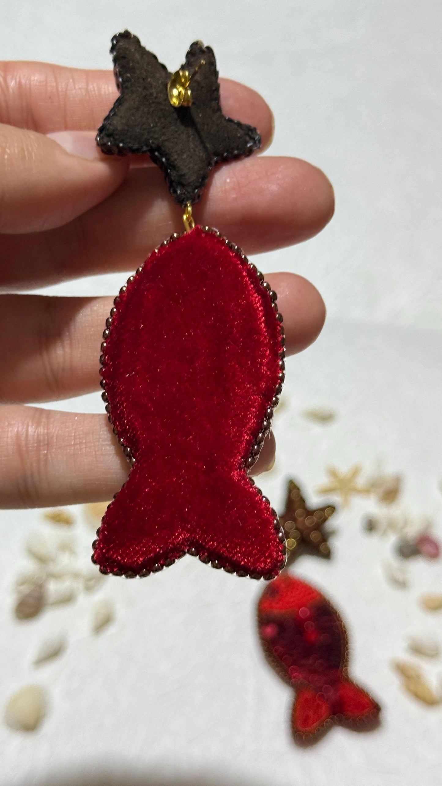 Handmade Beaded Fish Earrings: Red Sequin Starfish Dangle Jewelry