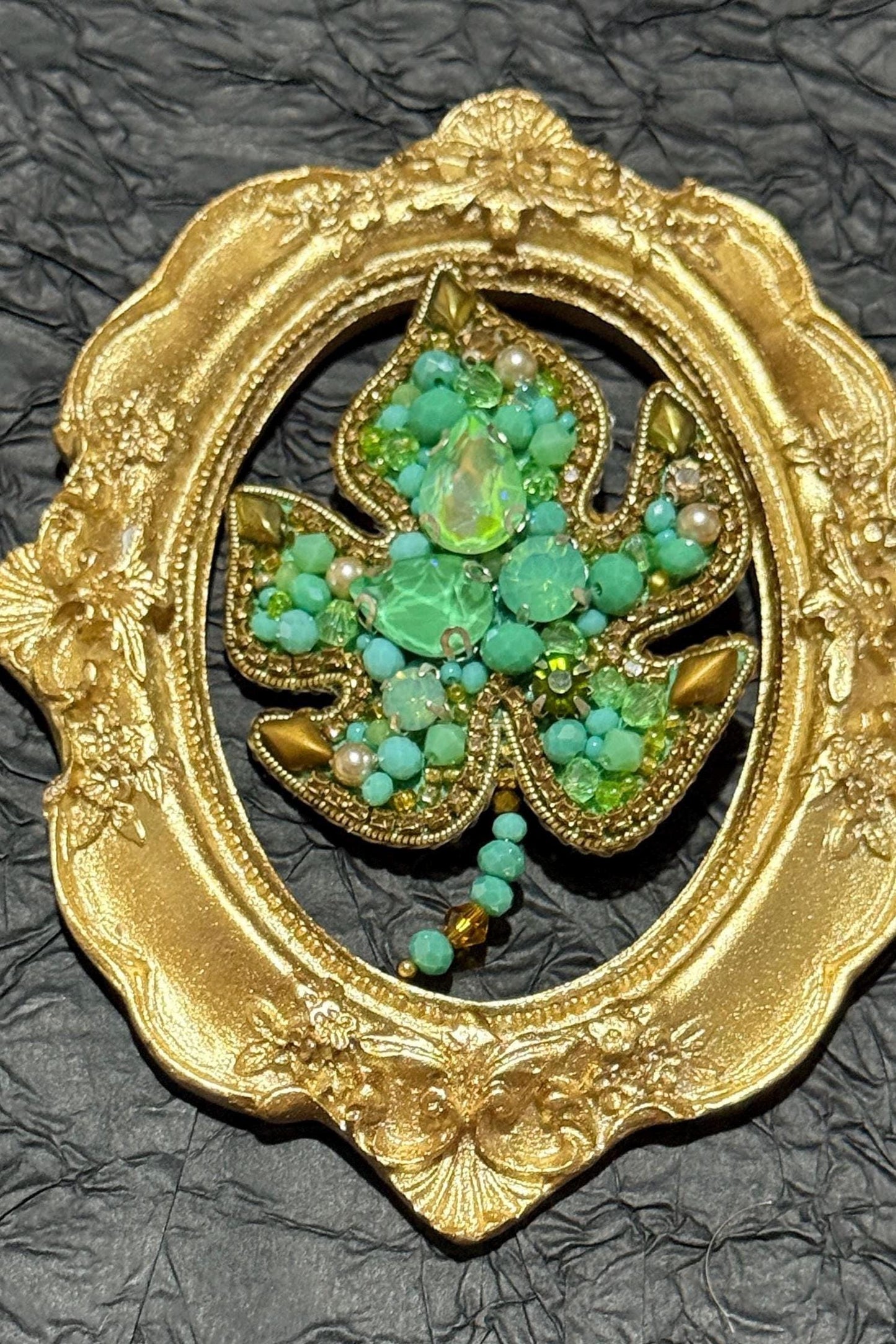 Handmade Green Crystal Leaf Brooch: Beaded Nature Jewelry