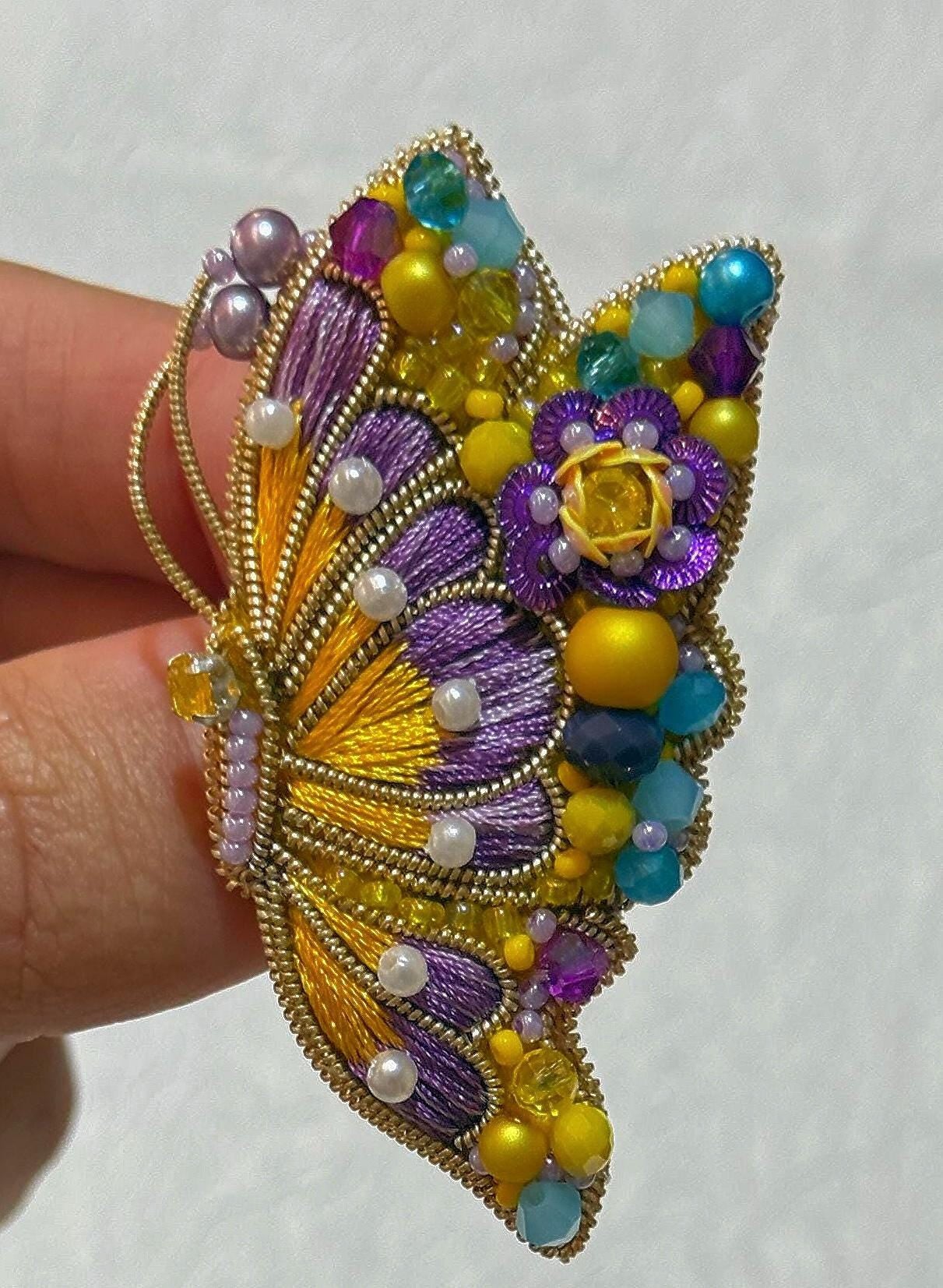 Handmade Beaded Butterfly Brooch: Embroidered Insect Pin