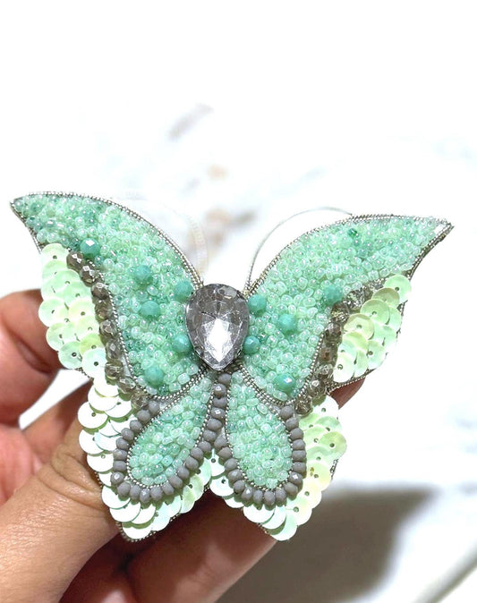 Handmade Mint Green Butterfly Brooch: Beaded Crystal Pin