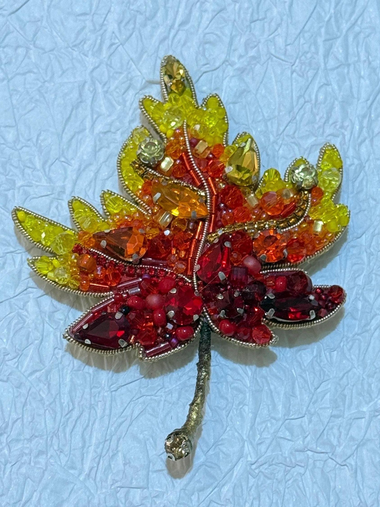 Handmade Beaded Autumn Leaf Brooch: Red, Orange, Yellow Fall Jewelry