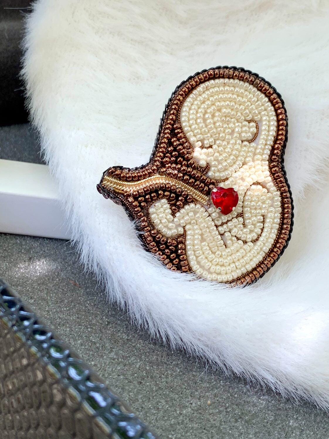 Handmade Beaded Fetus Brooch | Motherhood Jewelry with Red Crystal Heart