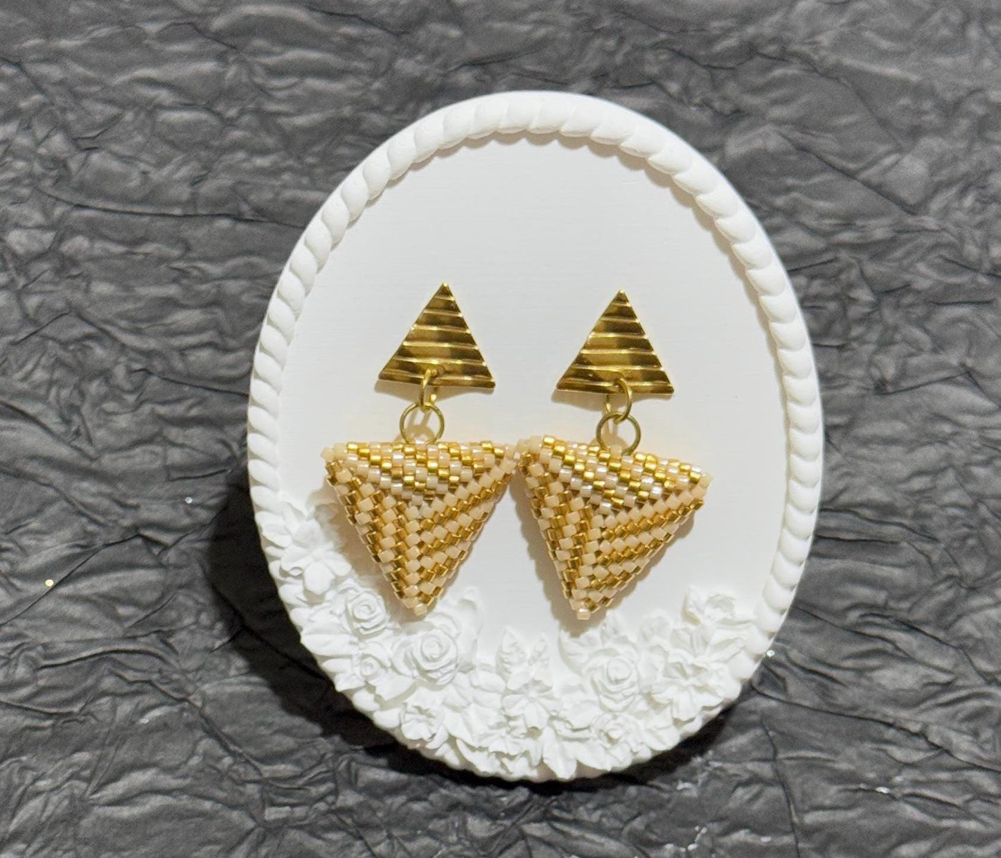 Handmade Beaded Triangle Dangle Earrings: Gold Geometric Statement