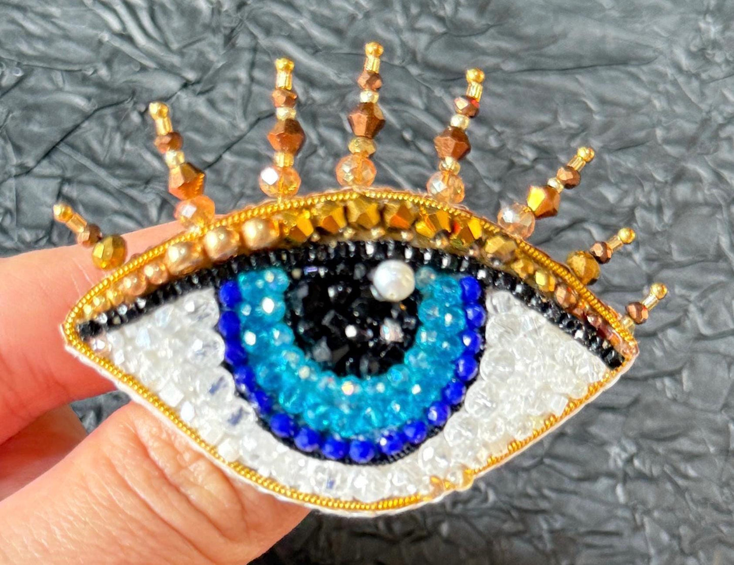 Handmade Beaded Evil Eye Brooch: Blue & Gold Amulet Pin