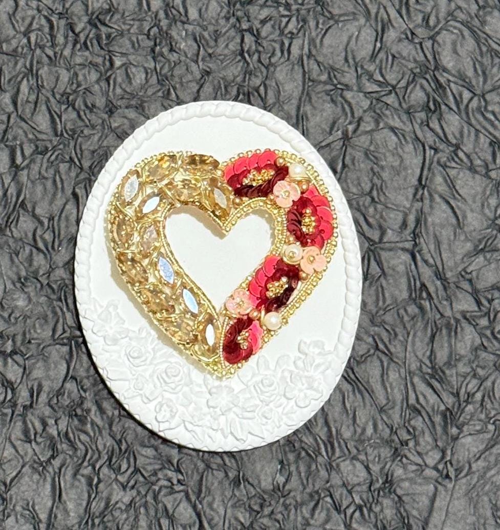 Handmade Beaded Heart Brooch: Gold & Red Valentine's Day Pin