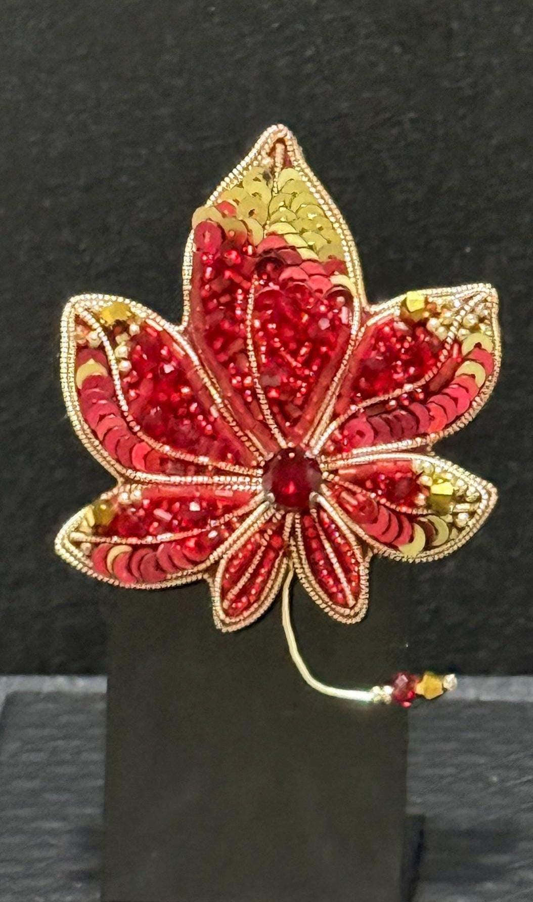 Handmade Beaded Maple Leaf Brooch: Red Crystal Autumn Pin