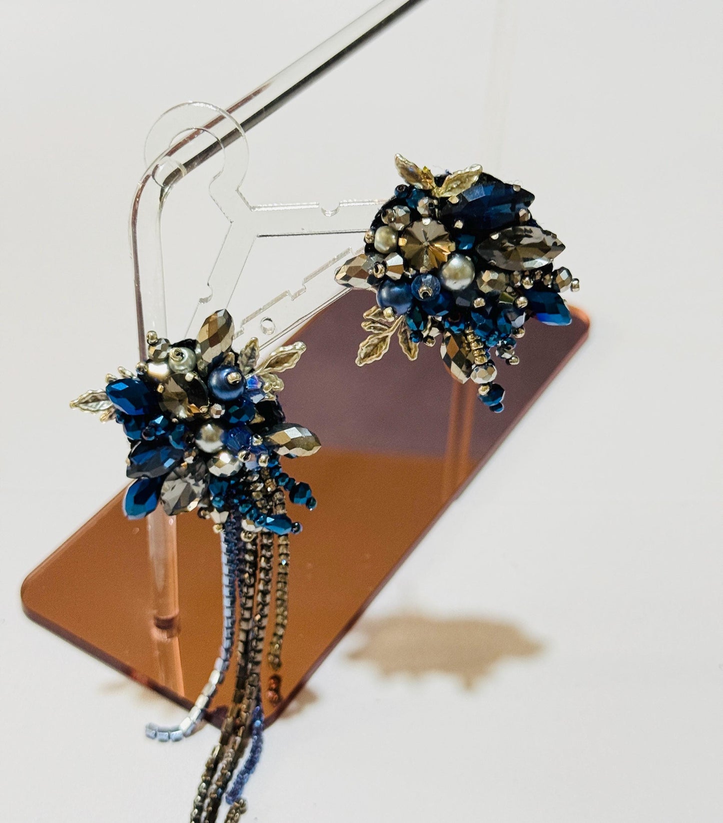 Handmade Blue Beaded Headband with Crystal Dangle Earrings
