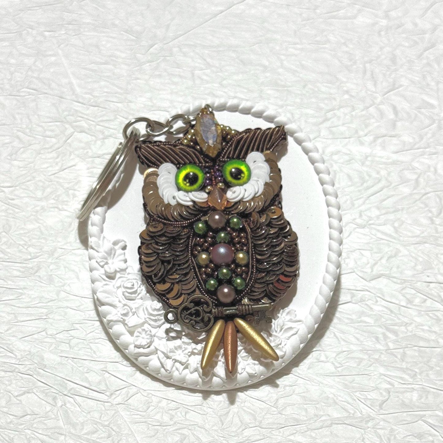 Handmade Beaded Owl Keychain: Pearl & Crystal Bag Charm